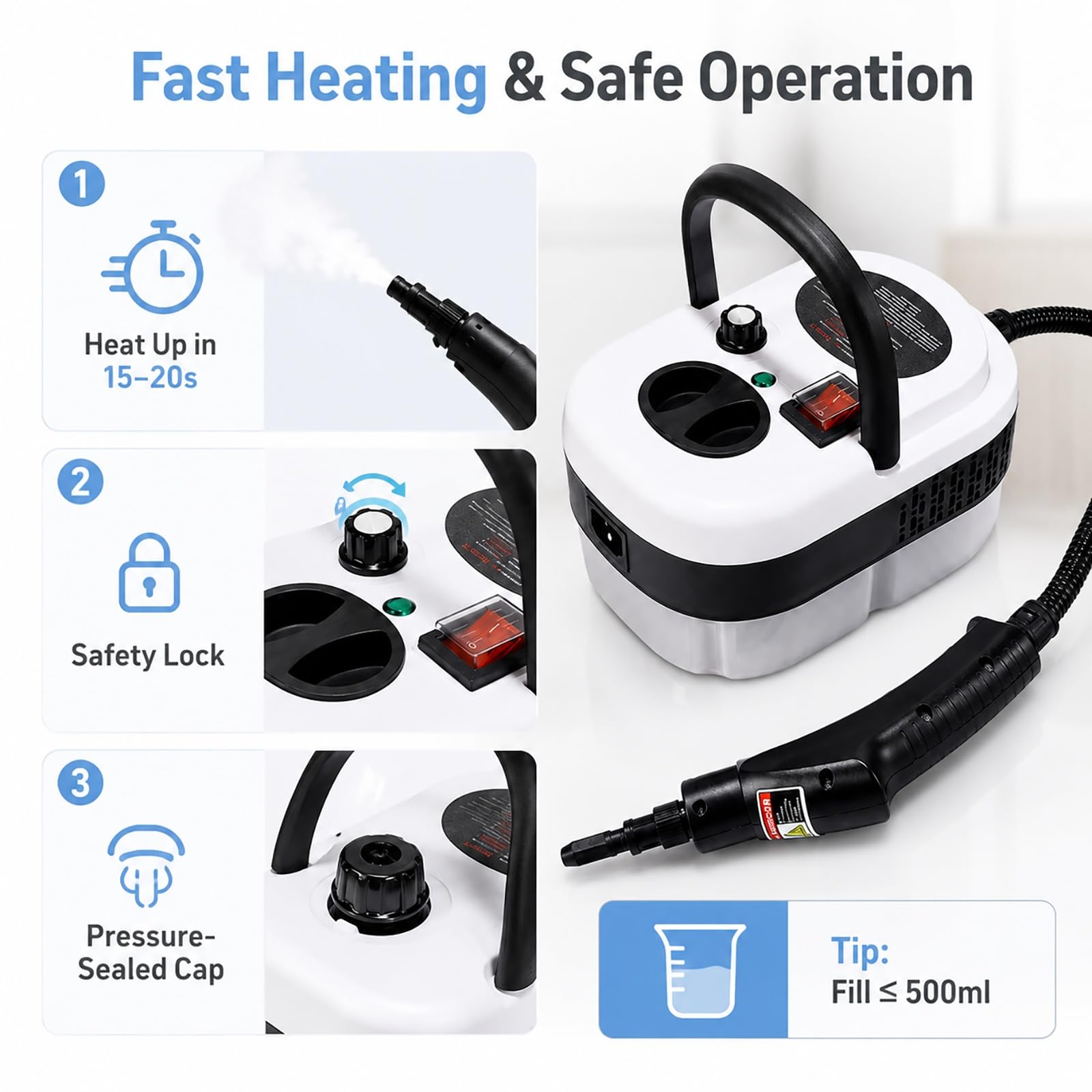 Genérico Limpiador A PortáTil De 2500 W con Pistola De Alta PresióN Y 6 Niveles Ajustables Incluye 9 Accesorios DepóSito Gran Capacidad 1,2 L for Limpiar Coches, SofáS, Juntas Y Suelos