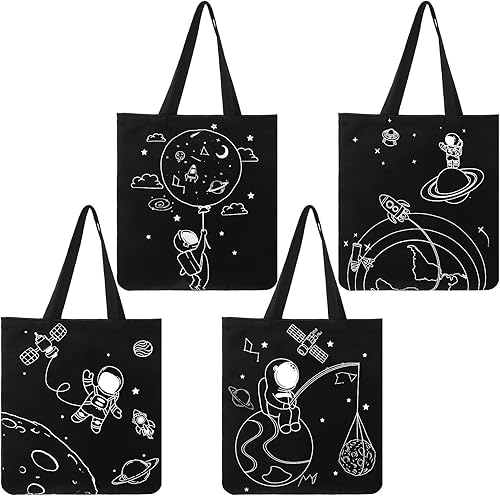 Hillban 4 bolsas de lona con temática espacial para mujer, bolsa de comestibles de lona reutilizable, regalo de cumpleaños, 4 estilos
