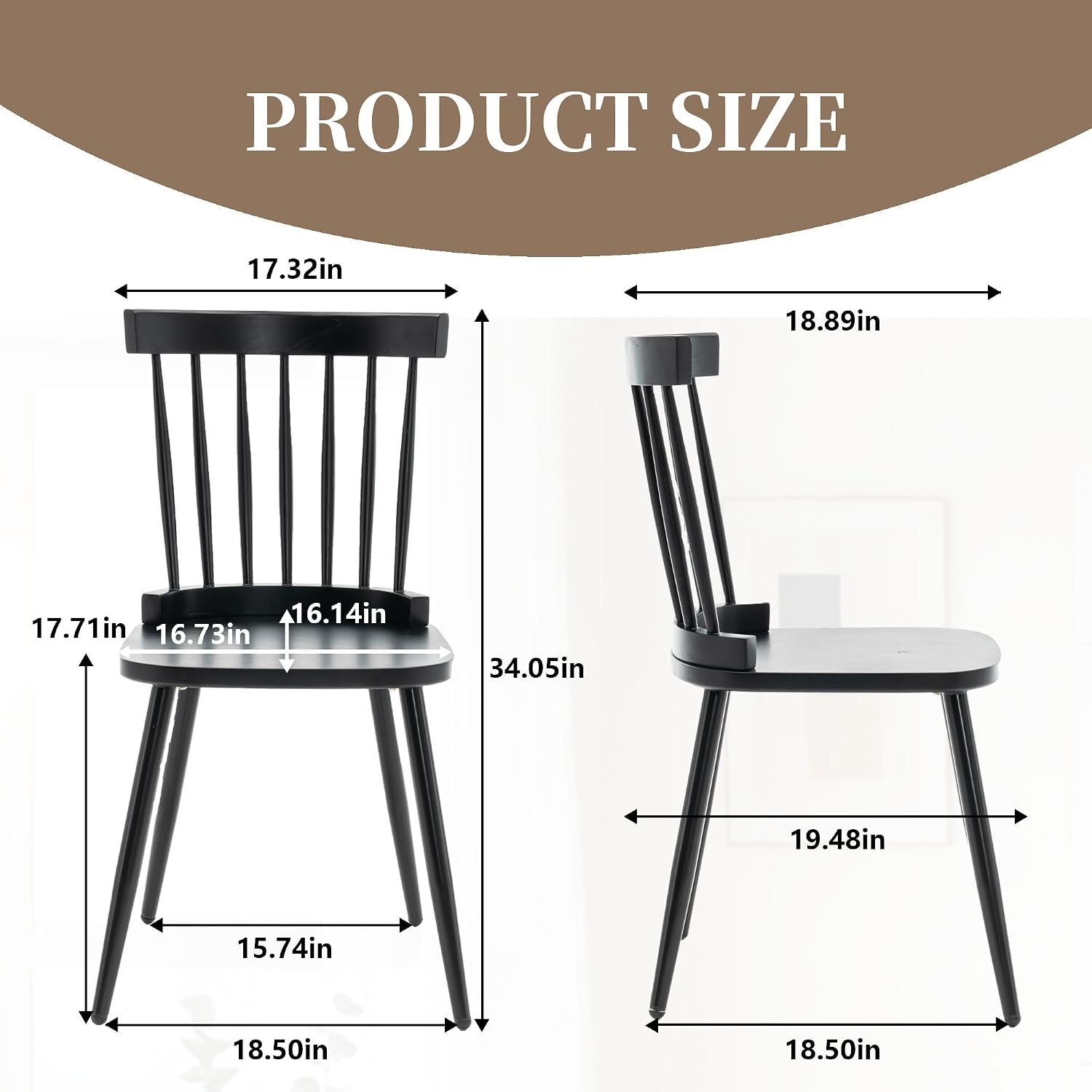 Windsor Dining Chair Set of 4, Modern Spindle Wooden Back Kitchen Chairs, Farmhouse Dining Room Chairs with Metal Legs, French Dining Chairs for Restaurant, Cafe, Black
