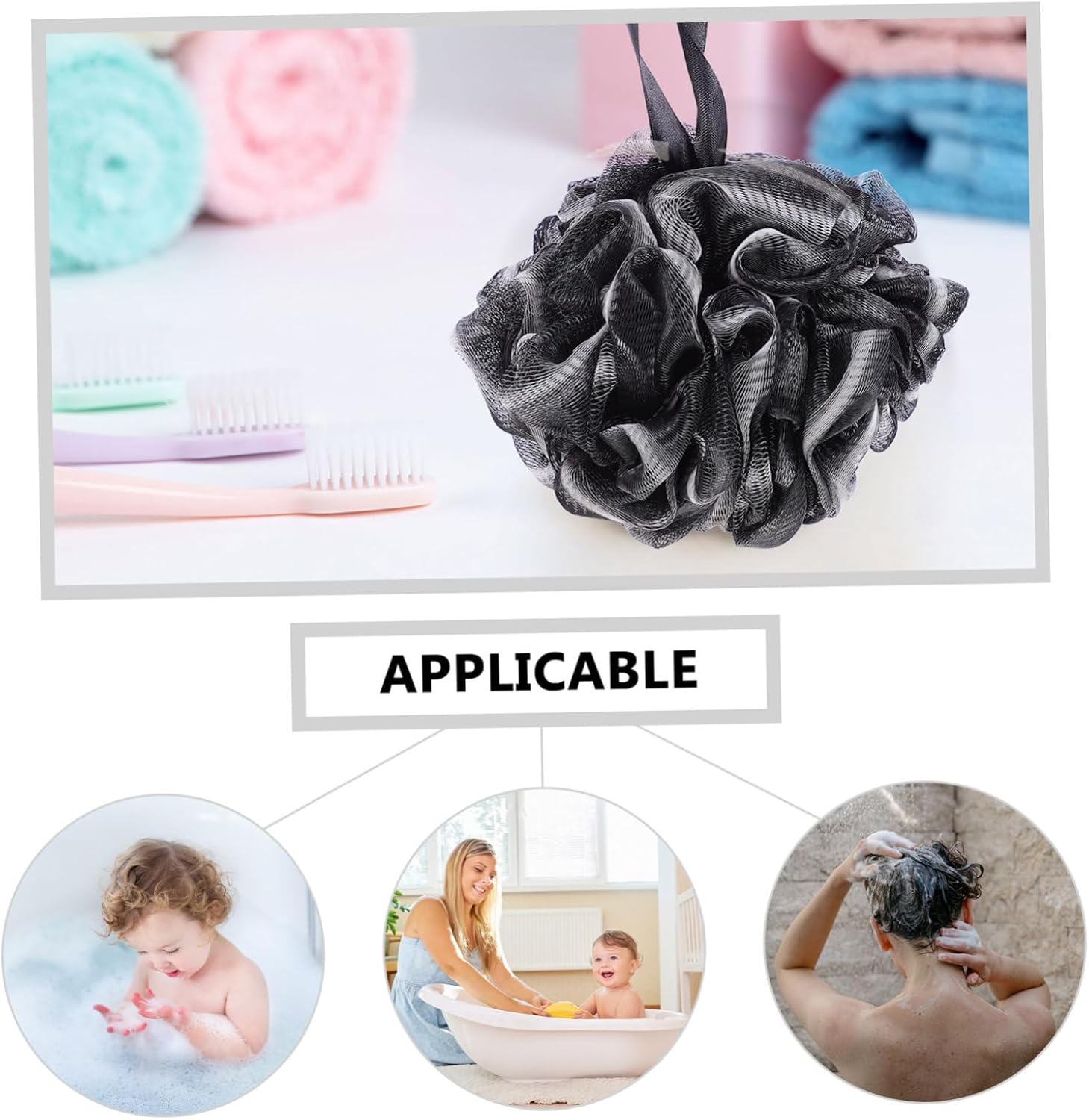 4pcs Black PE Bath Puff Shower Ball with Hanging Rope image 4