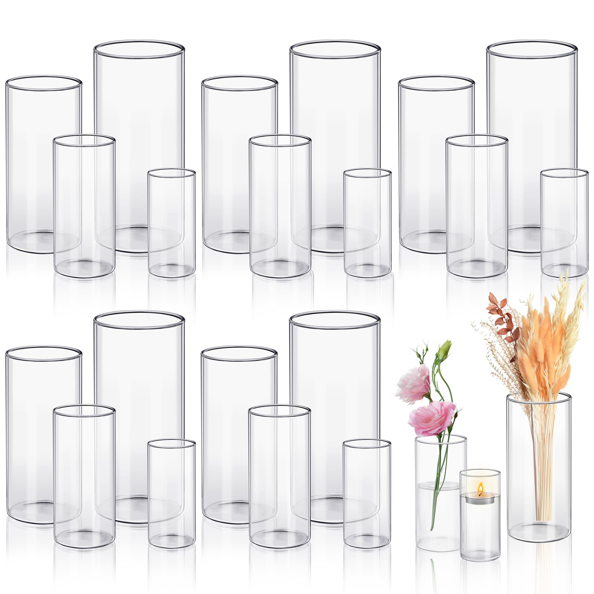 Photo 1 of TURSTIN 20 Pieces Glass Cylinder Vase Bulk Tall Clear Vases for Centerpieces Wedding Decorations Hurricane Flower Glass Candle Holder 4,6,8,10 Inch Mother's Day Party Home Table Decor