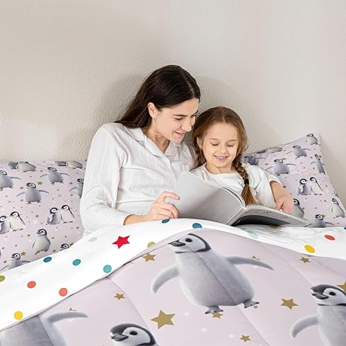 Miniatura 3 de Erosebridal Juego de edredón de pingüinos estrellados, tamaño Queen, lindo juego de ropa de cama de animales polares para niños y niñas, juego de