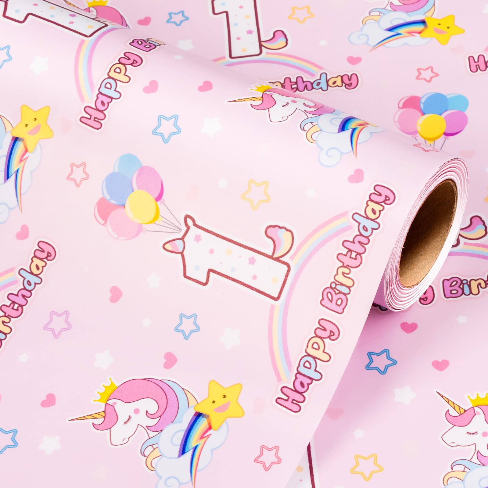 Wikadlik 1st Birthday Wrapping Paper Girls - 43cm x 5m Pink Unicorn Balloons & Number 1 Happy Birthday Design Gift Wrap Mini Roll