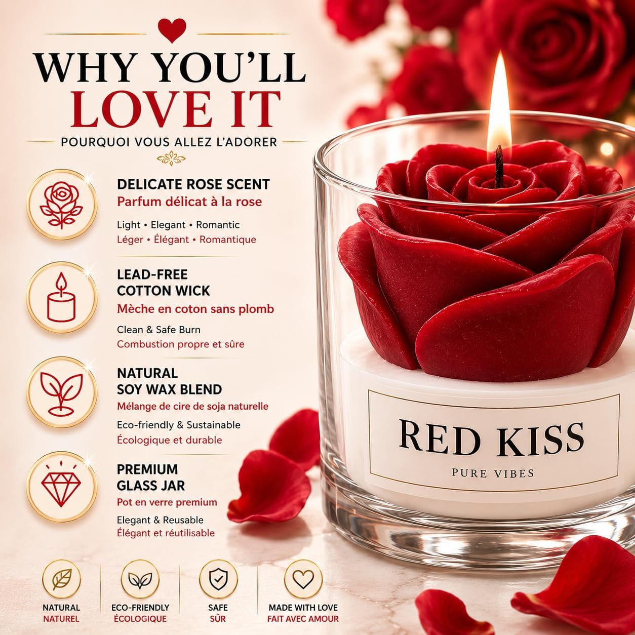 3D Rose Scented Candle - Pure Vibes - Red Kiss Scent - Decorative Candle - Up to 45 Hours Burning Time - Women Gift Home & Bedroom Decoration image 5