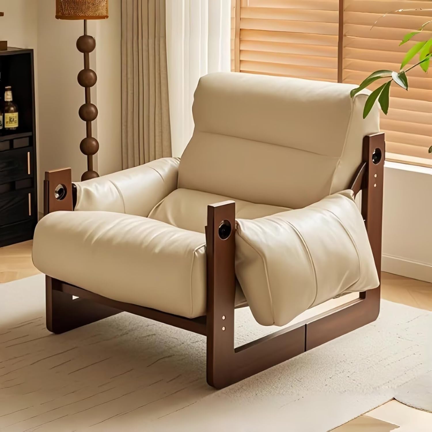 Vintage Lounge Accent Chair, Comfortable Oil Waxed Leather Arm Chair with Sturdy Wood Frame, Upholstered Cozy Sofa Chair for Living Room, Bedroom, Balcony, Home Office(Off-White)