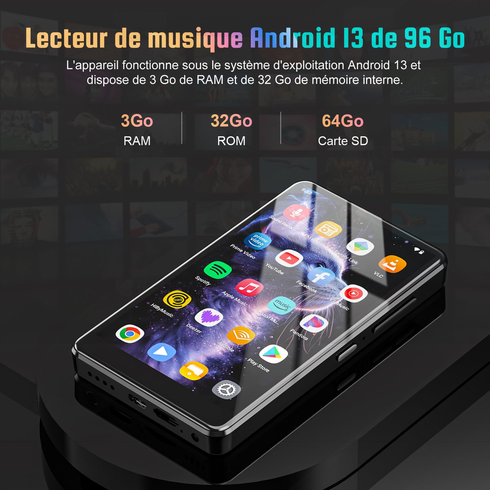 Lecteur MP3 96 Go avec Android 13 OS, Lecteur MP3 de 5 Pouces avec Bluetooth et WiFi, Lecteur MP4 HD 1080P, Lecteur de Musique préchargé avec Spotify, Audible et Play Store