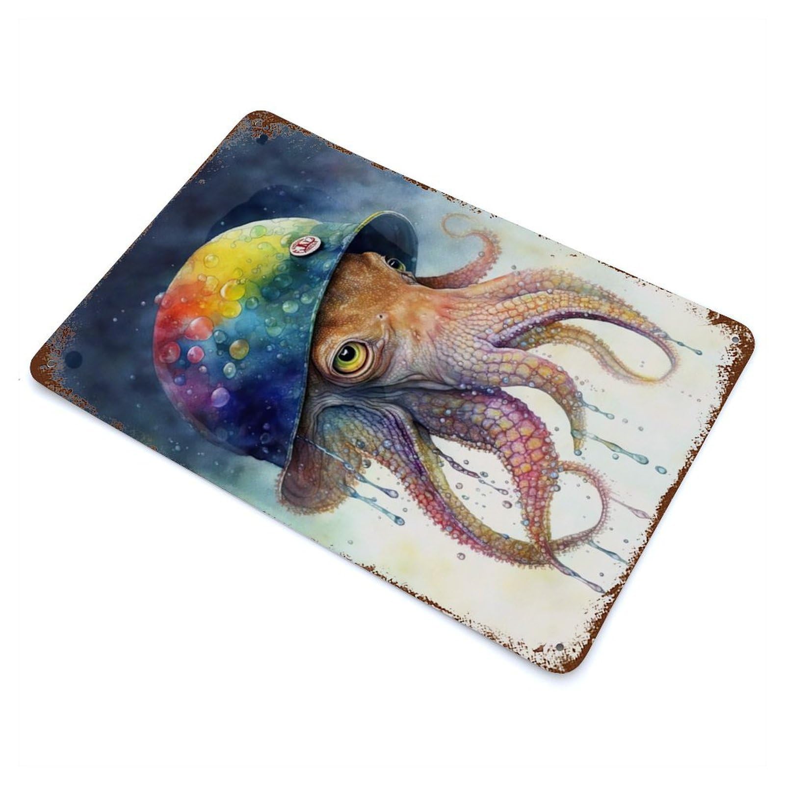 Octopus in Watercolor 11.8"x7.9" Retro Metal Sign, Vintage Wall Decor for Garage, Bar And Workshop Decor