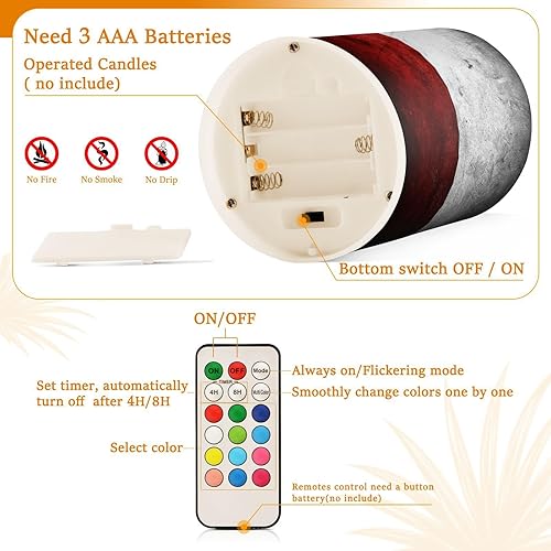 Miniatura 4 de Velas sin llama, funciona con pilas, estilo vintage grunge, bandera de Texas, velas LED parpadeantes con control remoto, tira azul, blanca y roja,