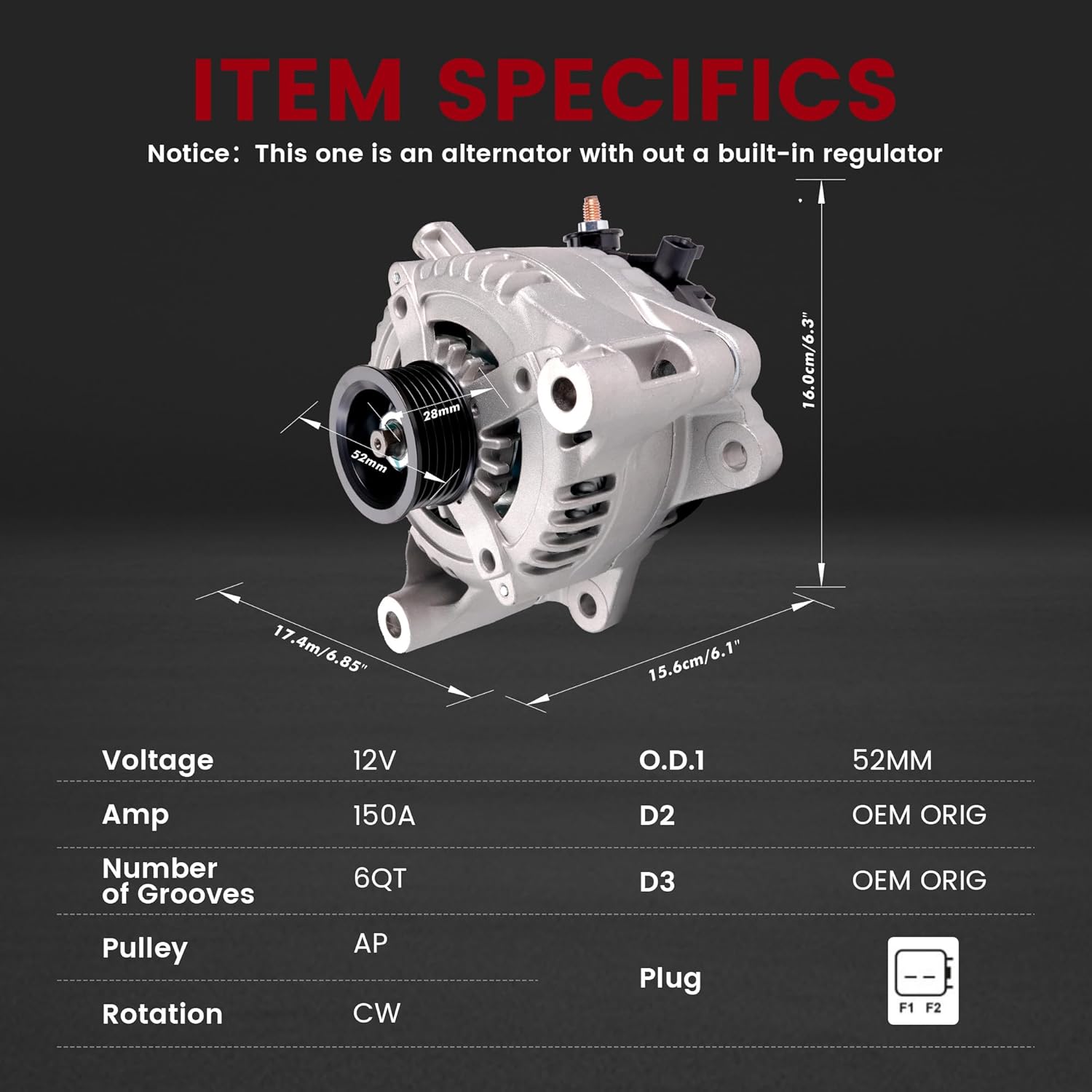 Alternator Fits for/Jeep Wrangler 2012-2018 V6 3.6L, Fits for/Wrangler JK 2018 V6 3.6L, 12V 150A CCW 6-Groove Pulley, OE#421000-0810,68078950AA