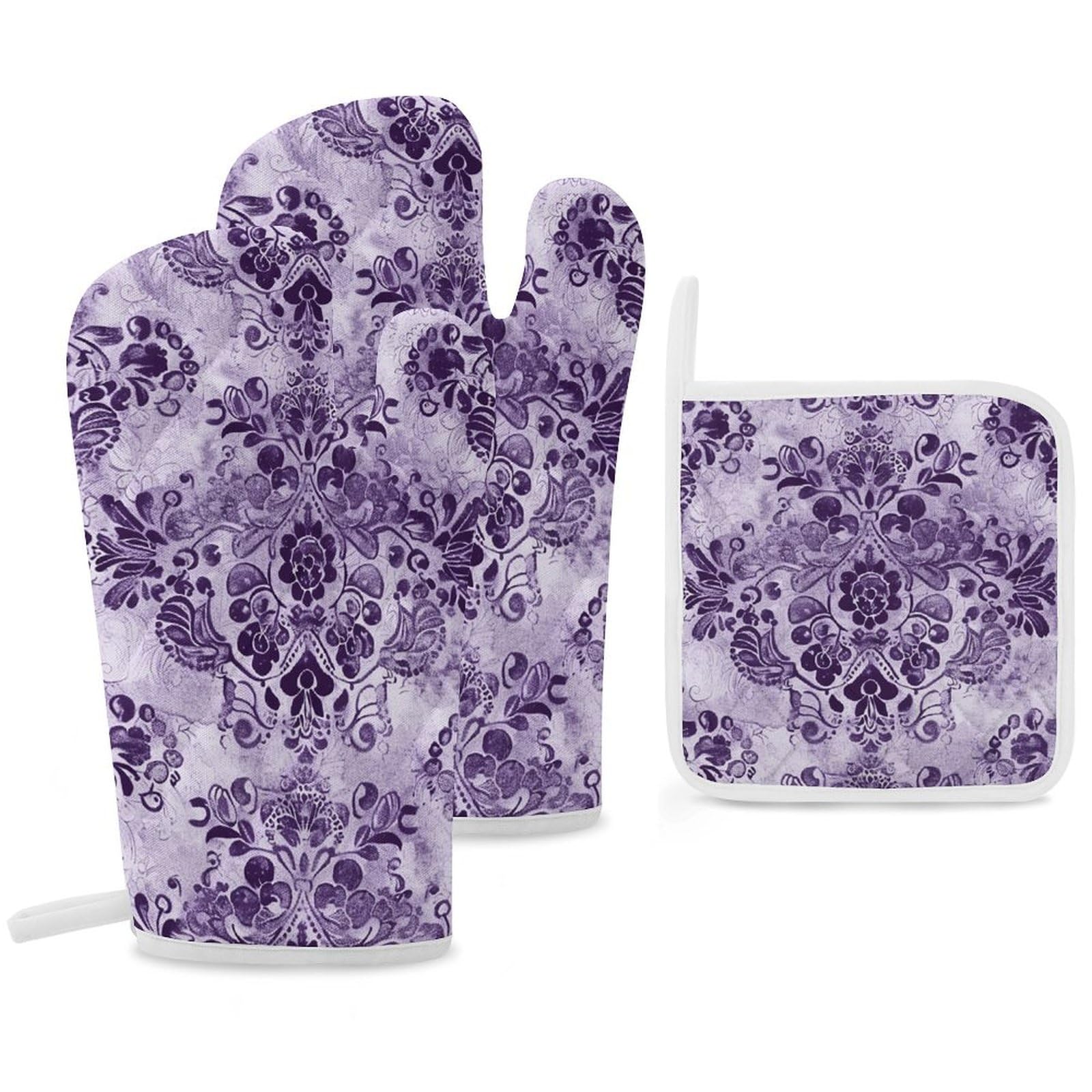 Gants de cuisine violets thermorésistants et maniques motif dentelle chic