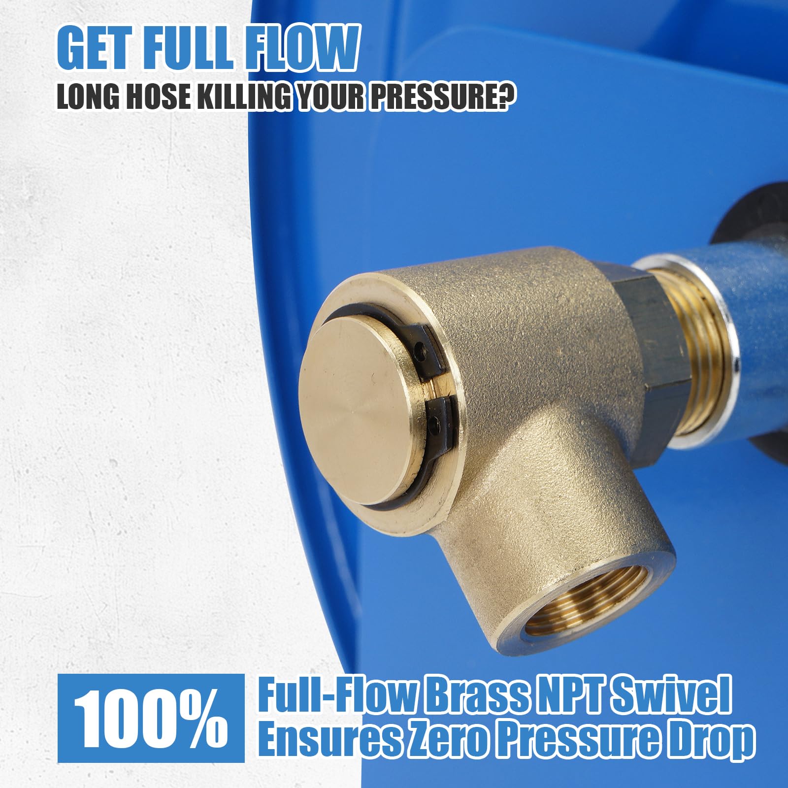 Enrouleur de tuyau de nettoyeur haute pression 60 m x 0,6 cm, en acier robuste pour nettoyeur haute pression, 30,5 m x 1,9 cm, avec joint rotatif, 4500 psi, manivelle pour montage sur remorque/mur/van