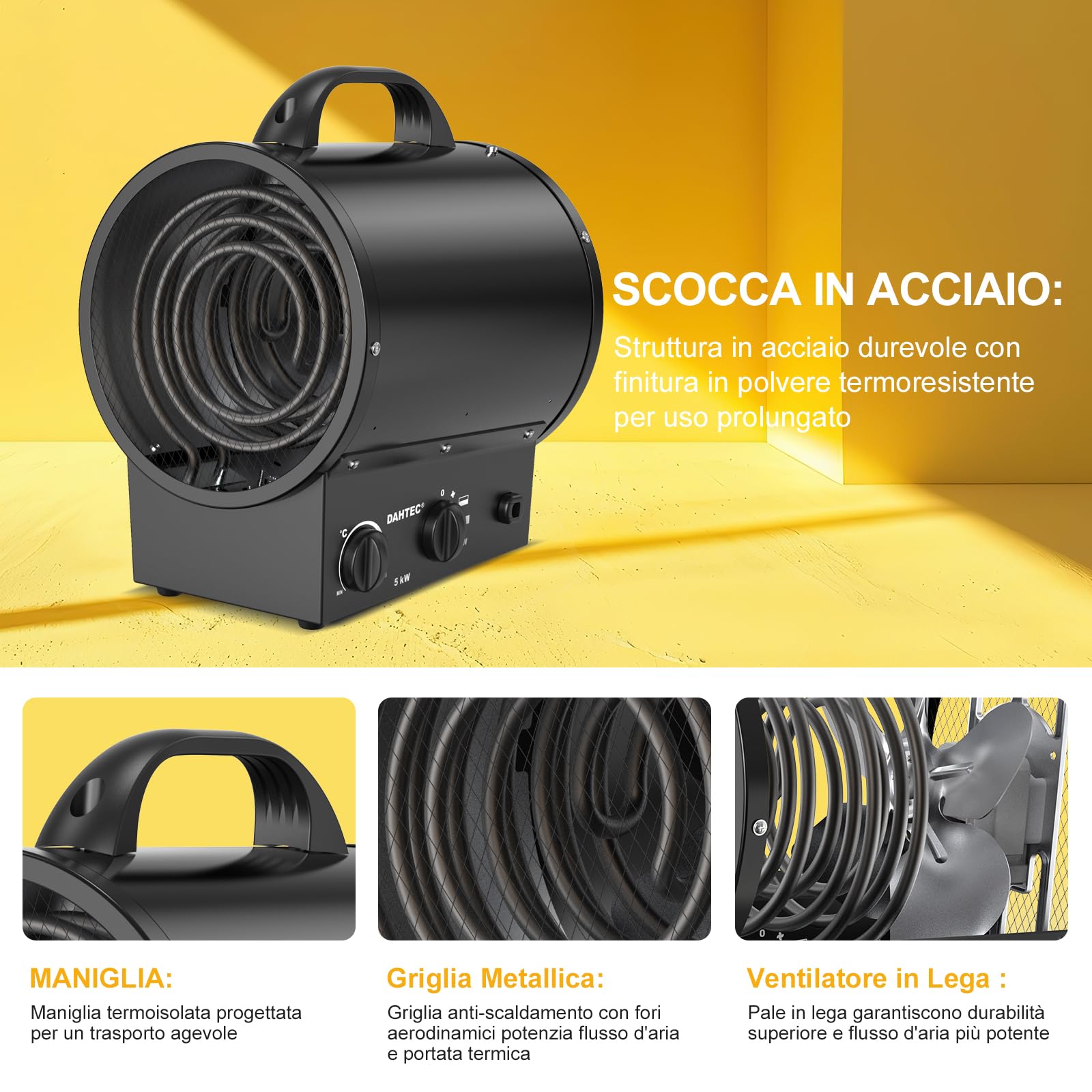 Termoventilatore 5000W - Stufetta Elettrica Portatile - Riscaldamento Industriale - Maniglia, Termostato e Protezione da Surriscaldamento (Nero)