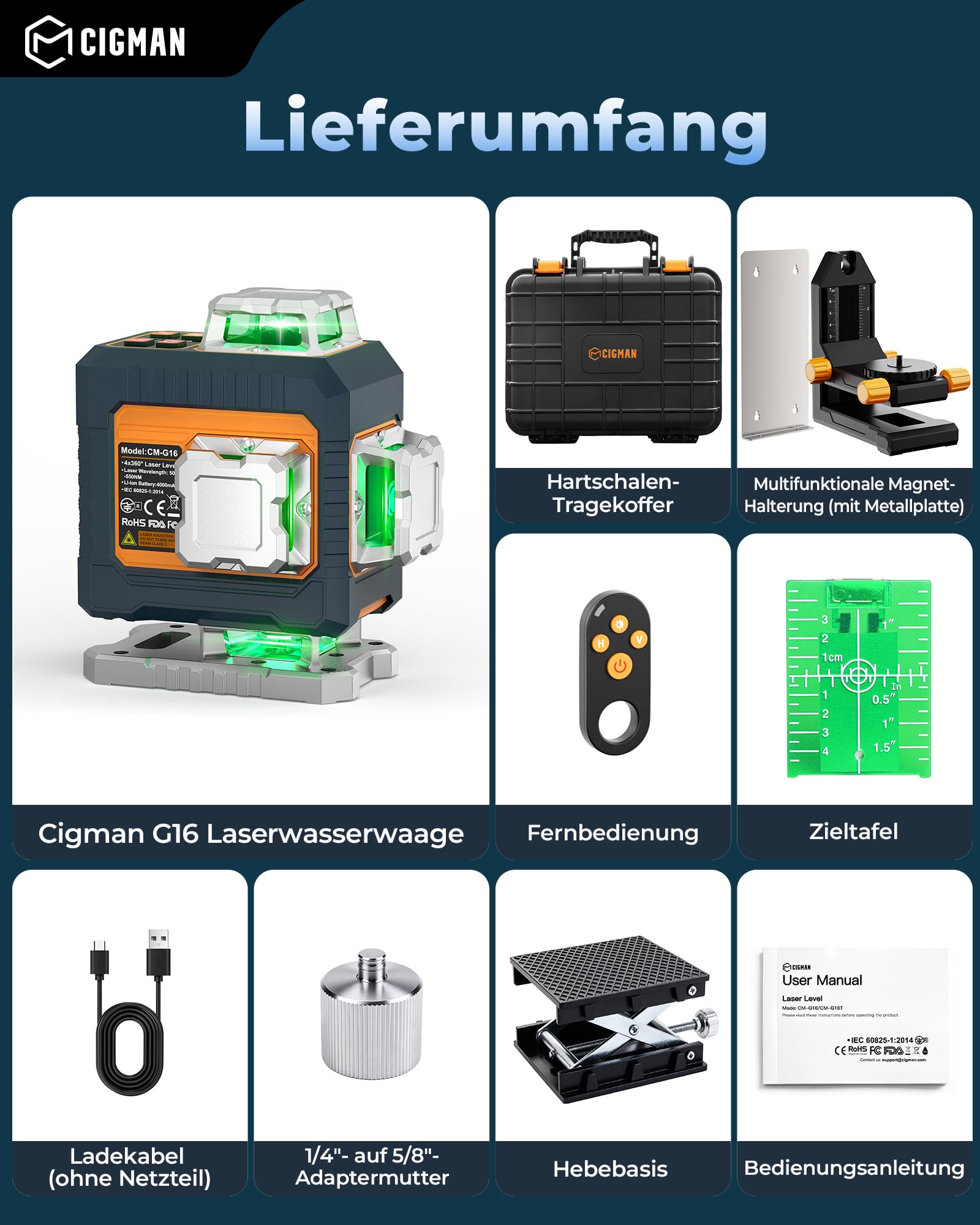 Kreuzlinienlaser 4X360°, CIGMAN Intelligente Selbstnivellierend mit App | Fernbedienung, Professionelles Grün Laser Nivellierwerkzeug für Bau, Fliesenlegen, Rahmenbau, abgehängte Decken,CMG16