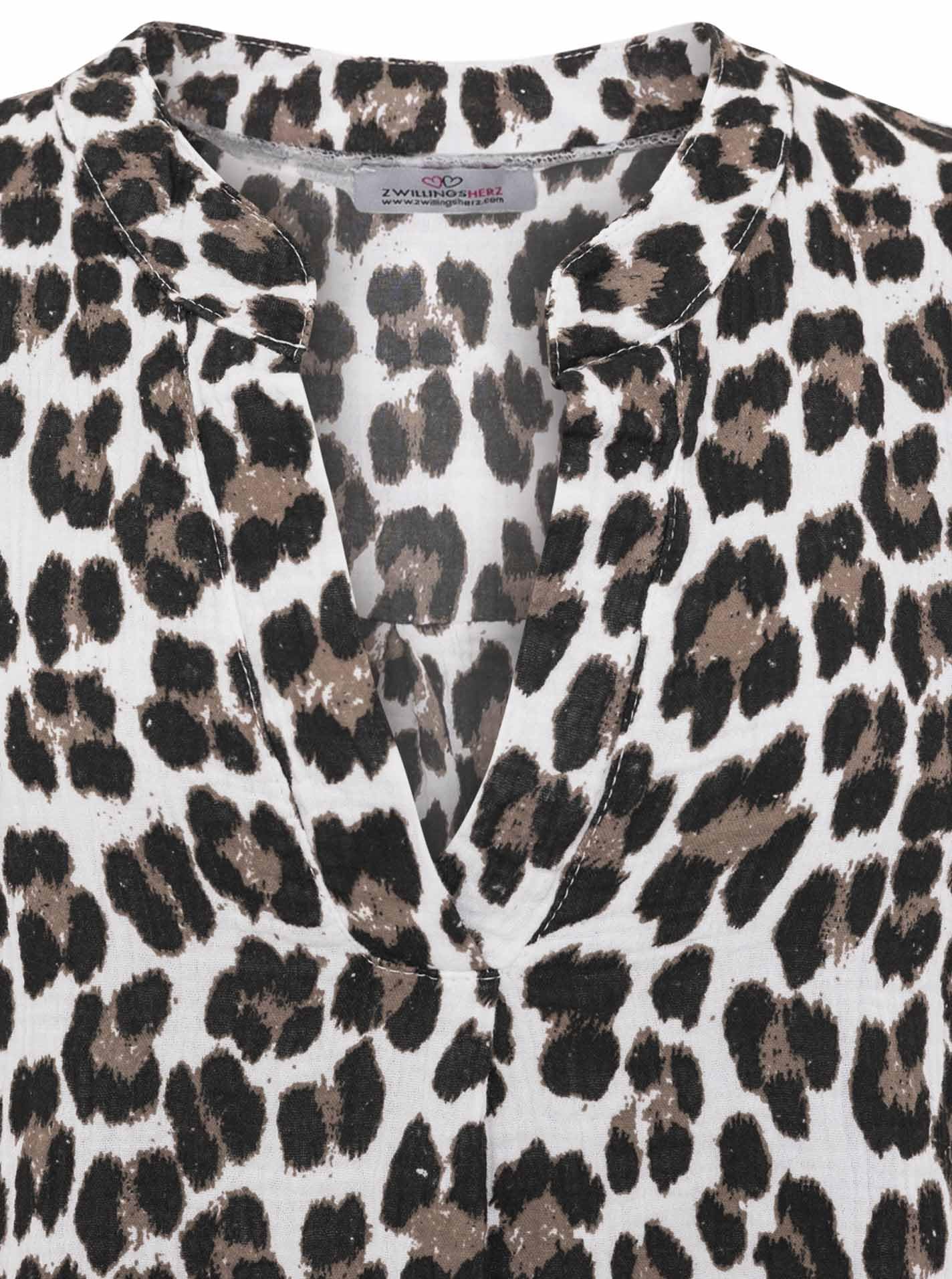 Zwillingsherz Damen Tunika aus 100% Baumwolle – Leichtes Sommer Blusenkleid mit Leo Print – Luftige Strandtunika mit V-Ausschnitt und 3/4 Arm – Lässiges Longshirt für Urlaub Freizeit Alltag