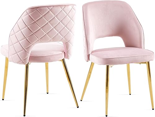 NORDICANA Juego de 2 sillas de comedor modernas, tapizadas de tela de terciopelo rosa con patas de metal dorado, sillas laterales redondas para