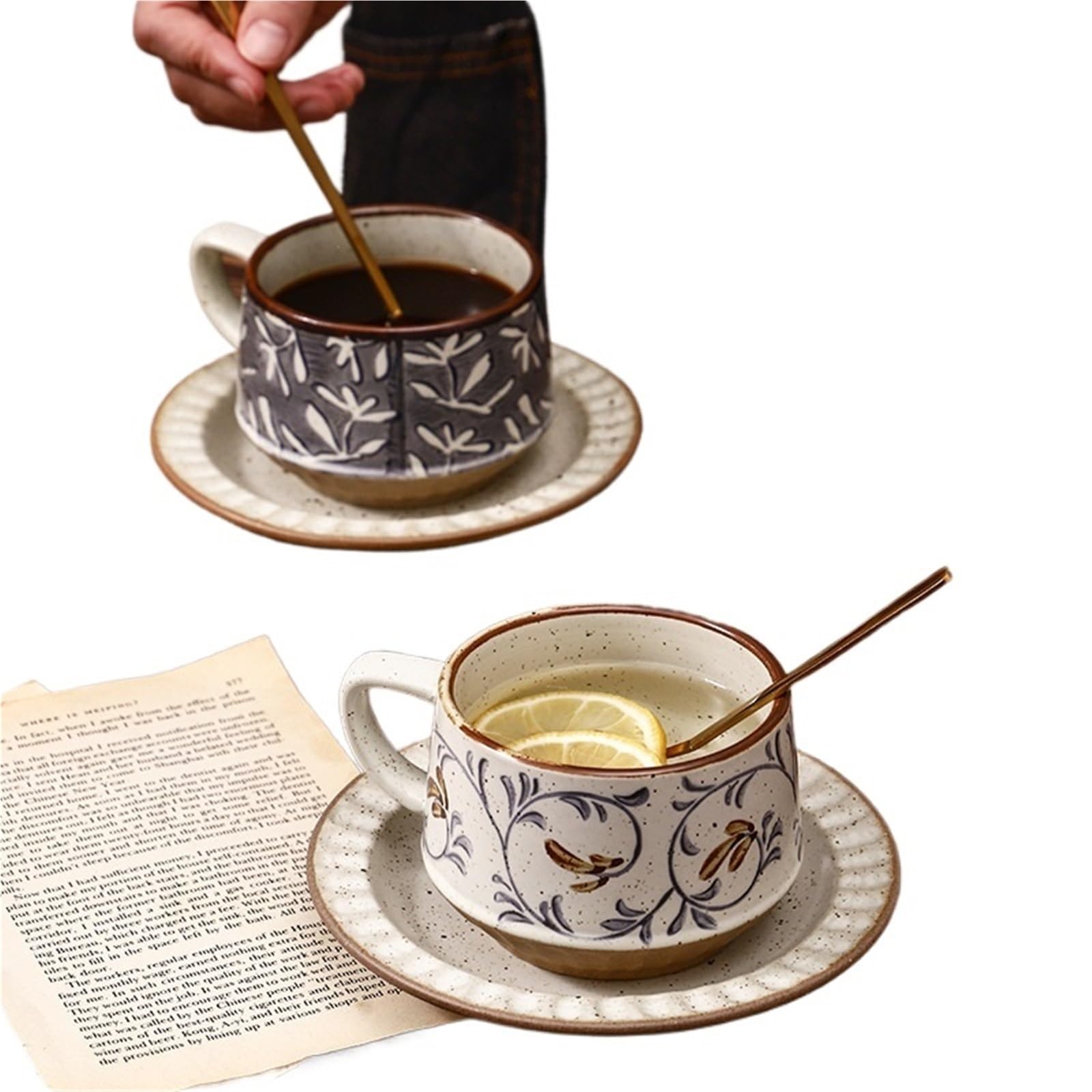 Juego De Tazas De Café Juego de tazas de café vintage, tazas y platos de cerámica, tazas con taza de té y tazas de café.(Cup-02)