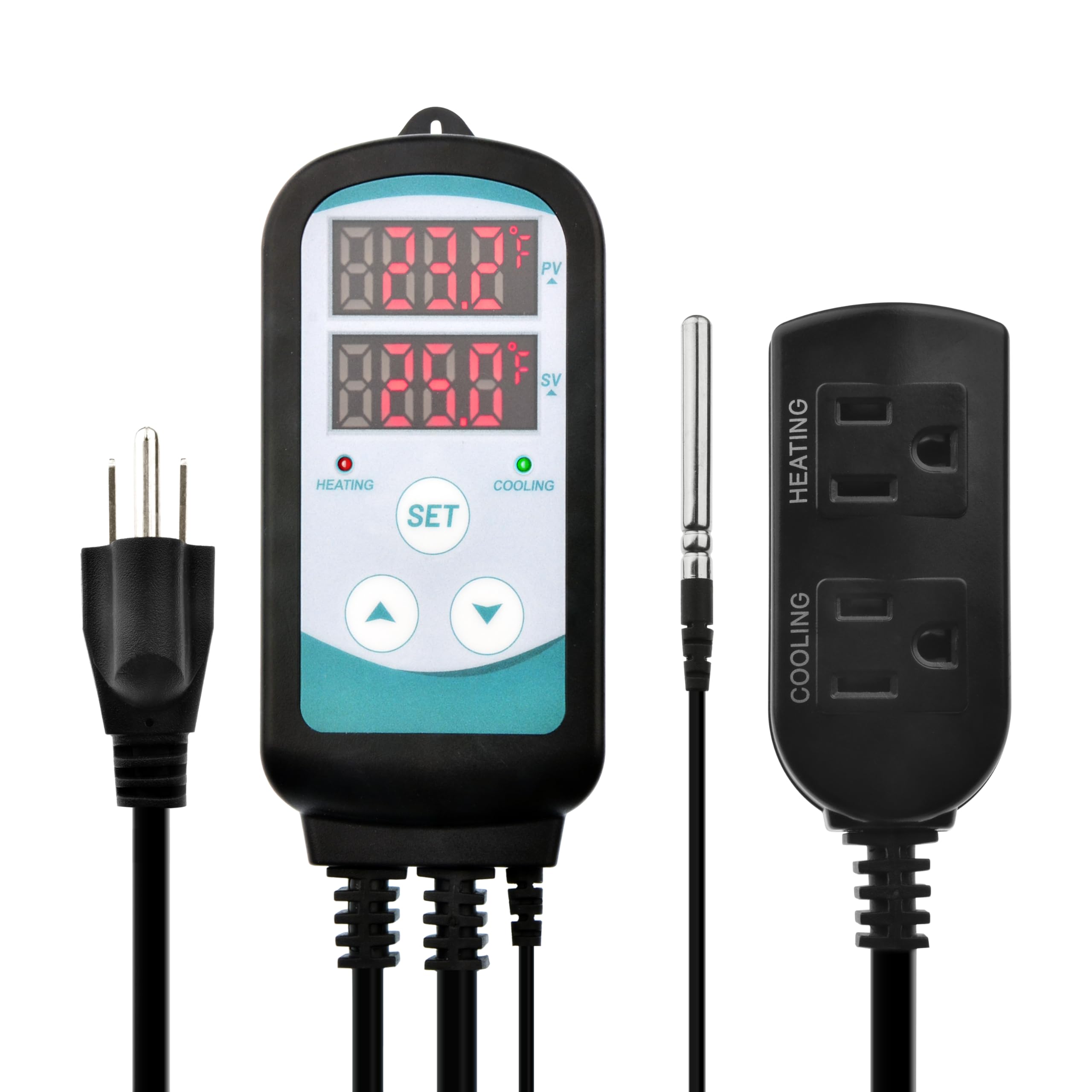 Digitaler Temperaturregler, duale digitale temperaturgesteuerte Steckdose, Thermostat-Stecker, Gewächshausheizung mit Thermostat, 110–240 V, 1500 W, Thermostat mit Dual-LED-Display