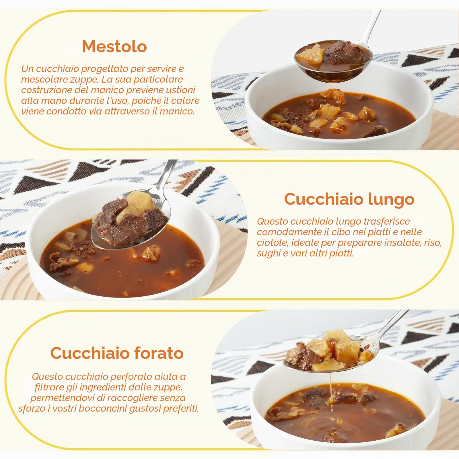 Set di 3 Cucchiai da Cucina in Acciaio Inox, Utensili da Cucina con Manico Ergonomico, Include Mestolo, Cucchiaio Solido e Schiumarola per Cottura e Servizio, Casa e Ristorante