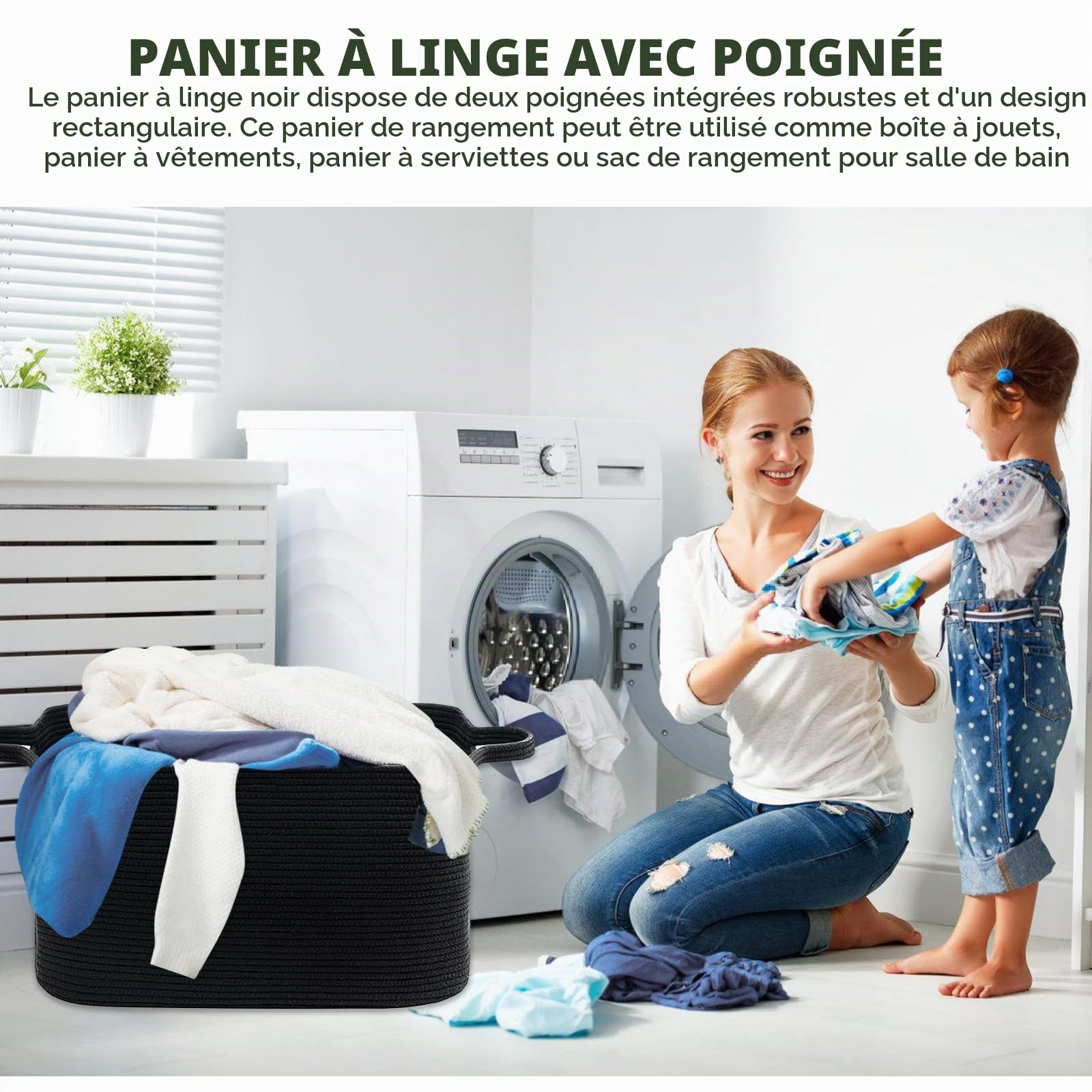 Grand panier de rangement tressé - Panier de rangement tressé pour chambre d'enfant - 55 x 38 x 30 cm - Noir