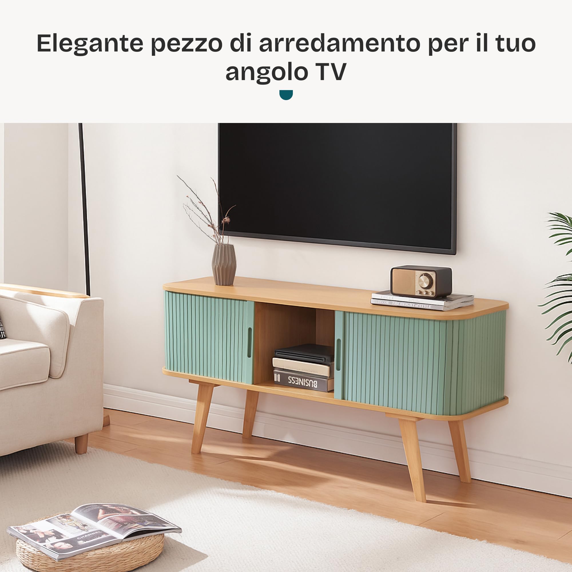 [en.casa] Mobile Tavolino Porta TV con Scomparti e Ante Scorrevoli Armadio Basso Stand TV e Centri Multimediali 120 x 40 x 58 cm - Naturale/Azzurro