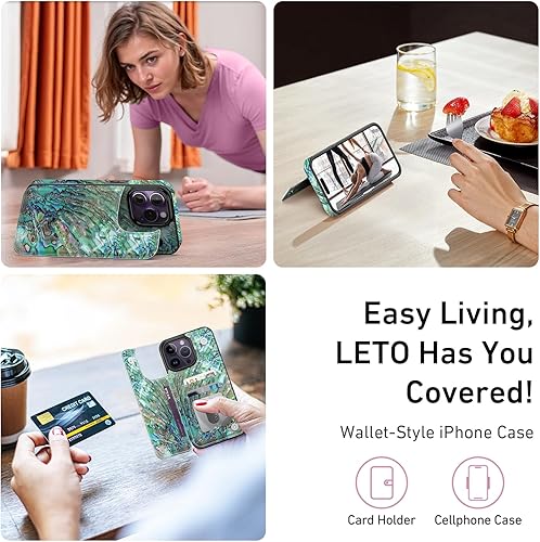 Miniatura 6 de LETO Funda para iPhone 15 Pro con tapa tipo folio de cuero, diseños de flores de moda, ranuras para tarjetas, función atril, funda protectora para