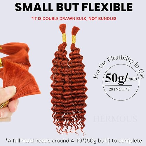 Miniatura 2 de HERMOUS Ginger Copper - Cabello humano a granel para trenzar de 20 pulgadas, cabello humano de jengibre ondulado profundo, sin trama para micro