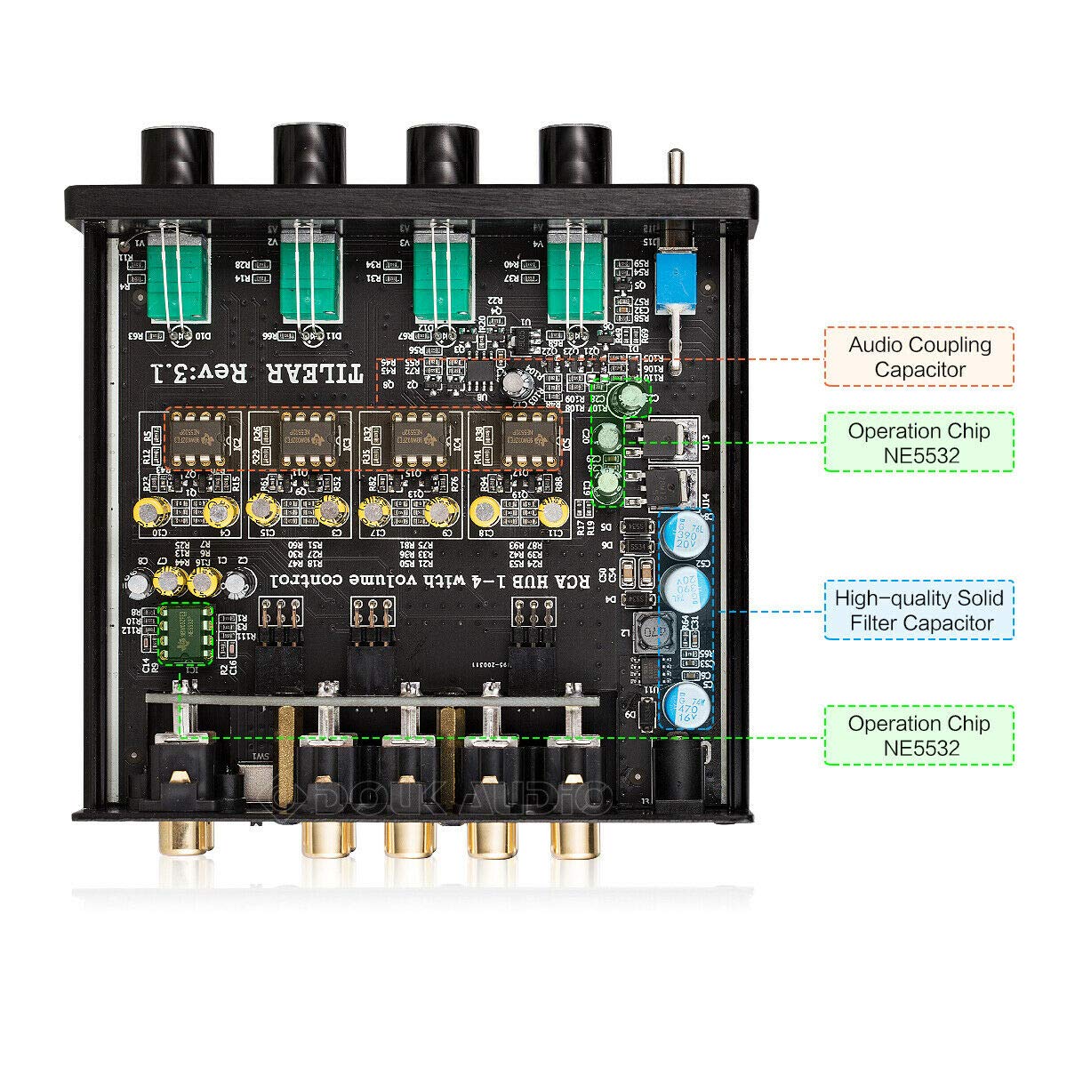 1-IN-4-OUT Lossless Analog Audio Switcher Box Splitter VOL Control for Amplifier (Black)