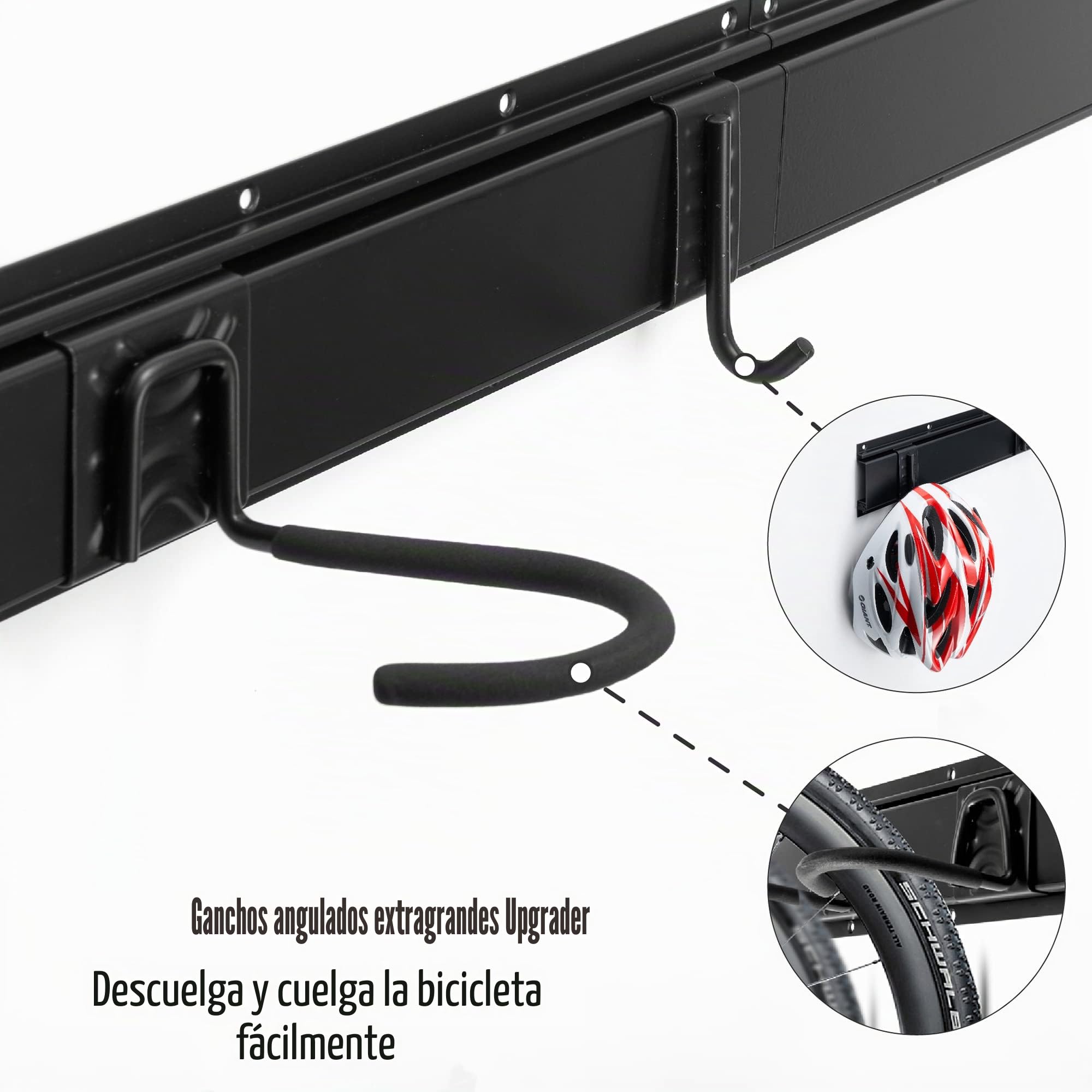 Sinoer Soporte de pared para bicicletas, soporte mural para 4 bicicletas + 2 cascos, colgador de pared resistente para bicicletas, gancho de acero macizo, 2 raíles de 16 pulgadas