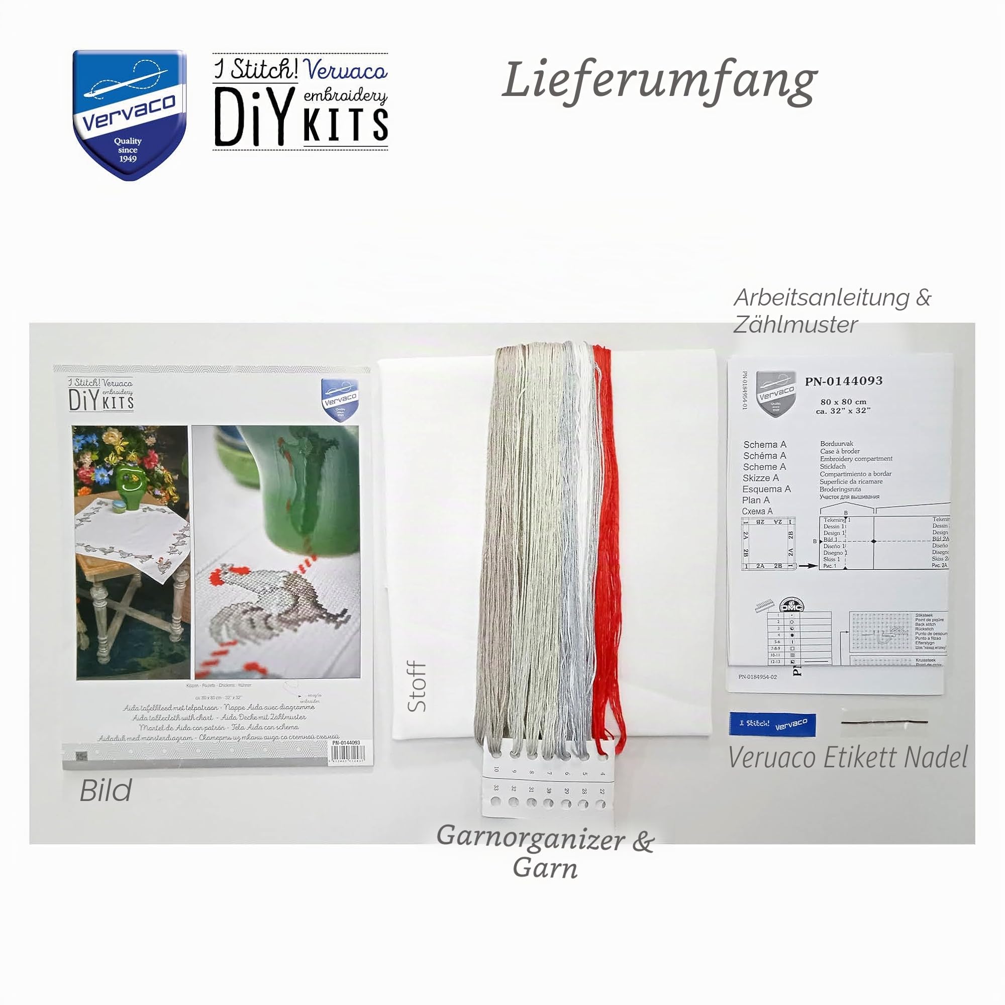Vervaco Stickpackung Tischdecke Zählmusterpackung Kreuzstich Hühner Stickdecken zum Selbersticken Bastelset Handwerker Kreativ Set für Erwachsene 80 x 80 cm Kreatives Geschenk