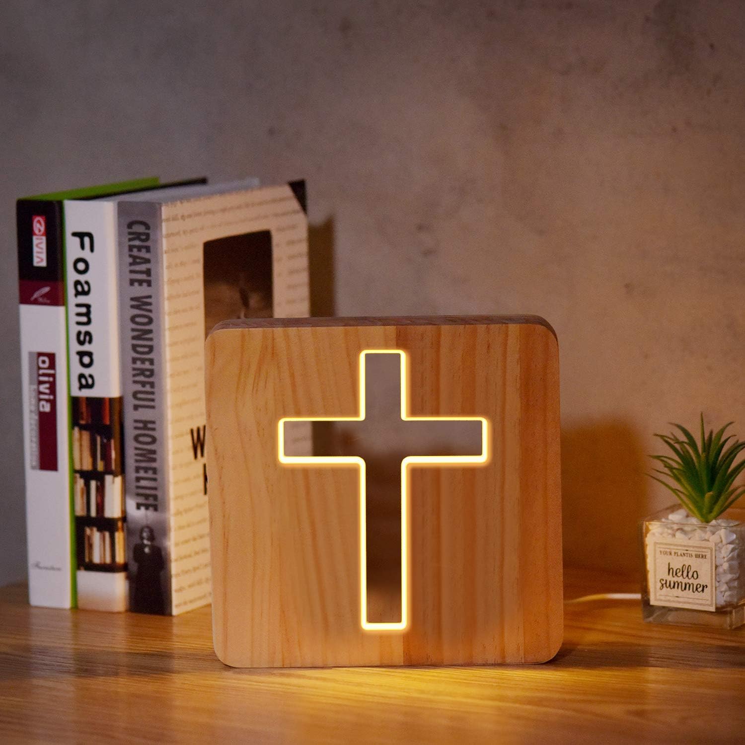Lampeez Jesus Cross Wooden Lamp Novelty Night Light 3D Illusion lamp for Kids, Kids Decoration Lamp USB Power Bedroom Decor Xmas Holiday Christian Birthday Gifts for Boy Girl
