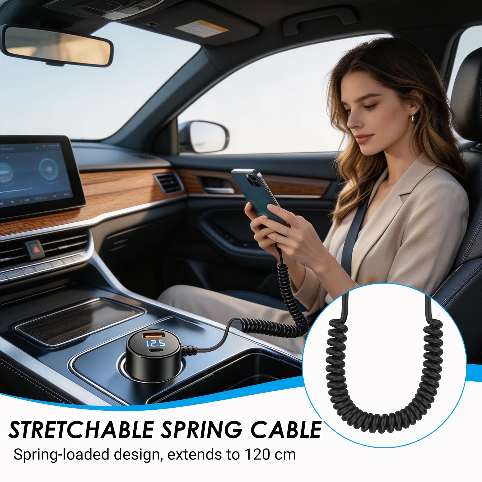 Caricatore per auto ricarica rapida 100 W con cavo USB C a spirale 1,5 m integrato, caricatore accendisigari auto con USB C PD e USB A QC3 0, caricatore auto USB C universale 12 V 24 V