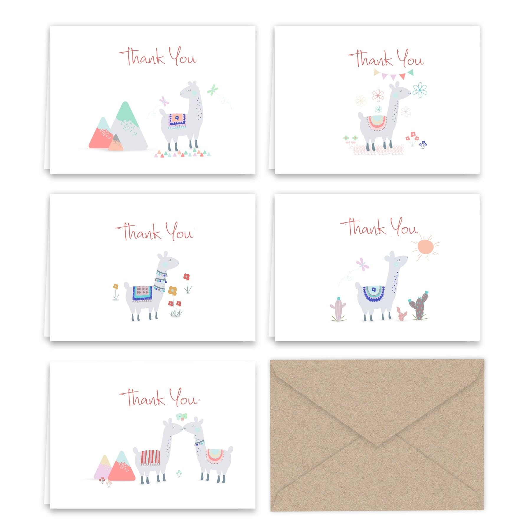 Llama Thank You Note Cards and Kraft Envelopes - 25 pack