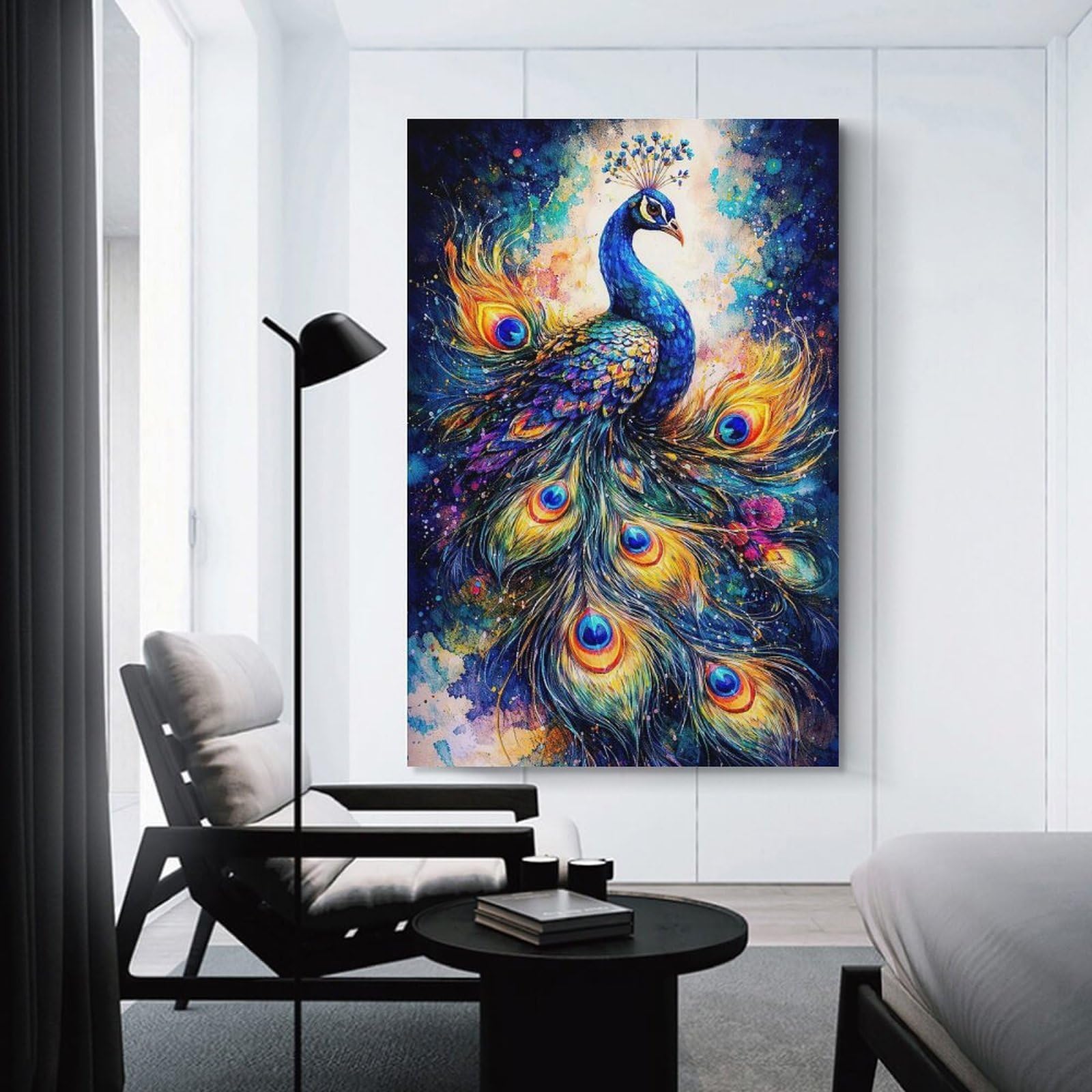 Junmoney Canvas Wall Picture Vibrant Watercolor Peacock, 20x30inch(50x75cm), for Bedroom Decor, Cosy Corners Or Studios, A Warm Accent for Relaxed Interiors