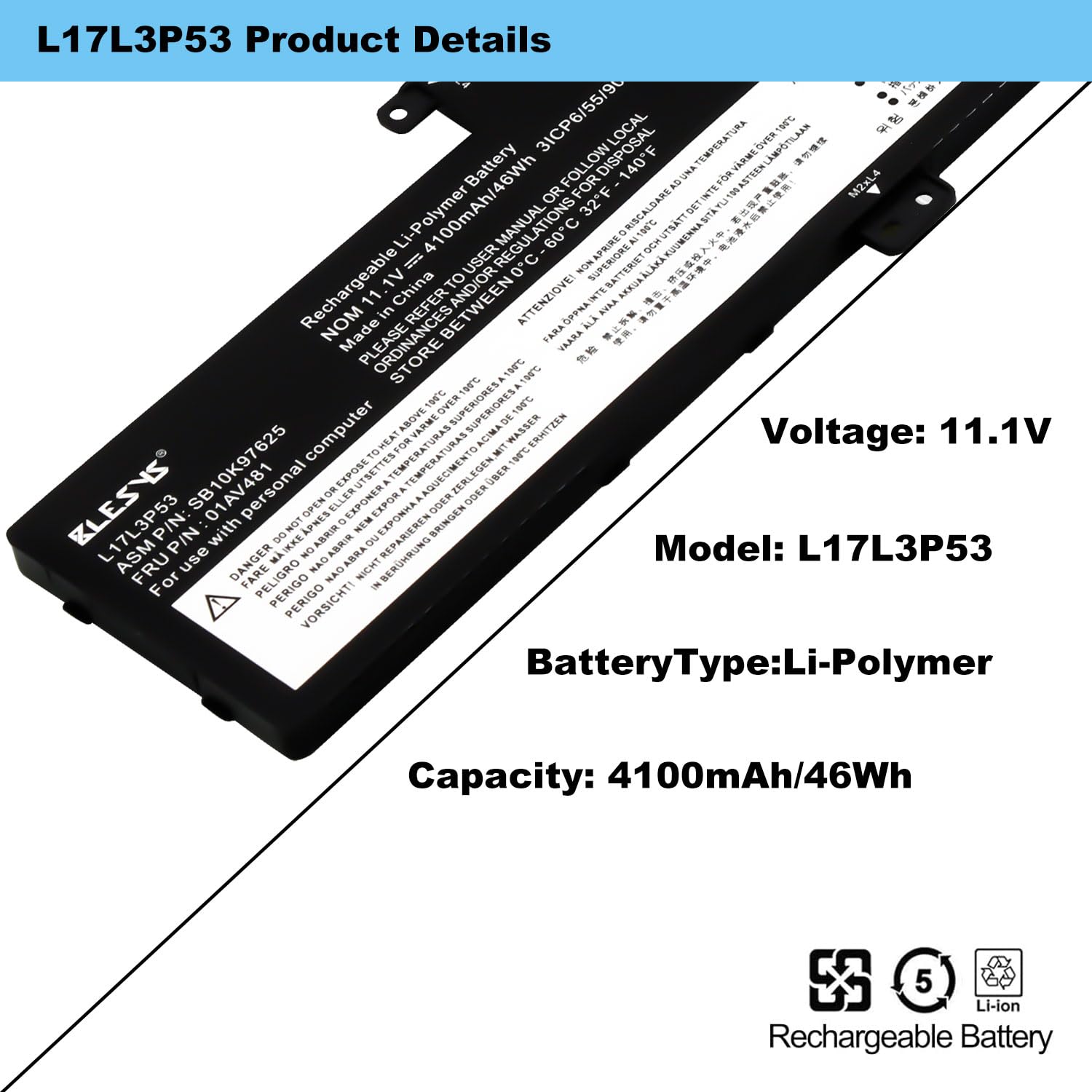 BLESYS L17L3P53 L17C3P53 L17M3P55 Akku für Lenovo ThinkPad L380 L390 S2 Yoga 2018 Laptop 01AV481 01AV482 01AV483