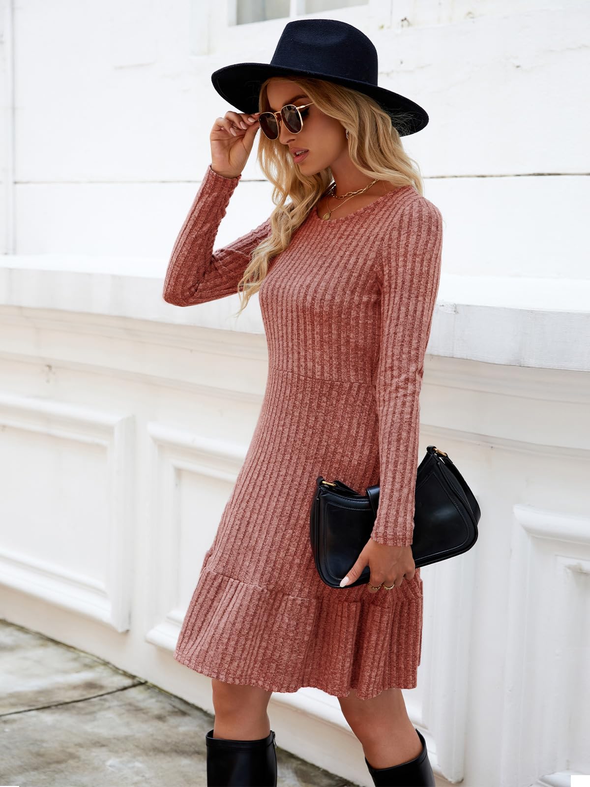 Zetieny Vestito Casual Donna Abito in Maglia a Maniche Lunghe con Scollo Rotondo Pullover Tinta Unita Autunno e Inverno