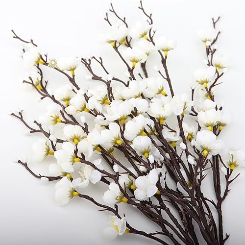 Miniatura 4 de LGEGE Juego de 6 flores artificiales de ciruelo blanco, ramo de flores falsas para decoración del hogar, cocina, oficina, hotel, centro de mesa,