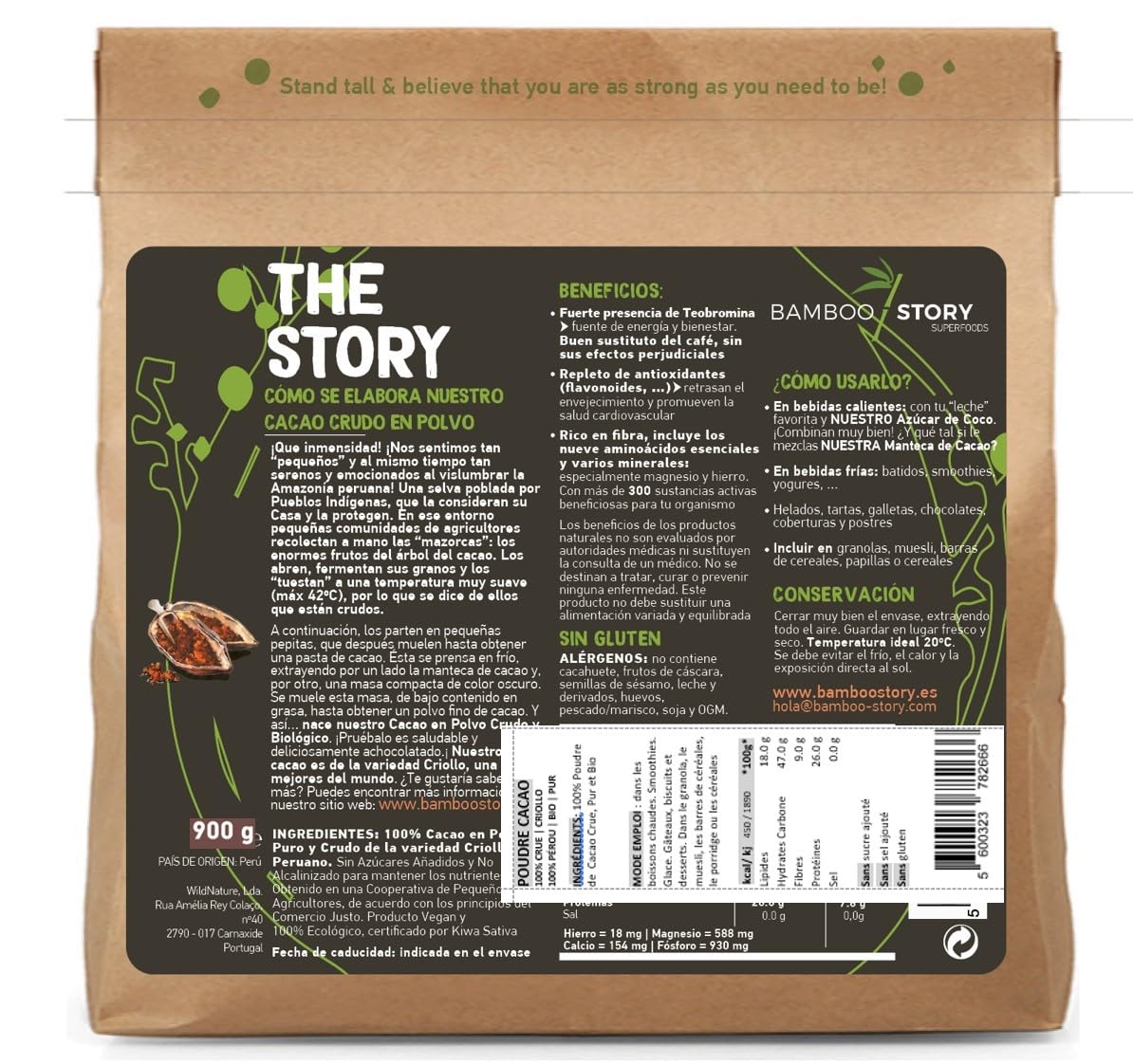 100% CRUE | NOUVEAU | Cacao Poudre | BAMBOO STORY | Biologique | 100% Perou | Criollo Premium | Great Taste Award | Non Alcalinisé | 900 g | Pur | Sans Sucre | Matières grasses 18%