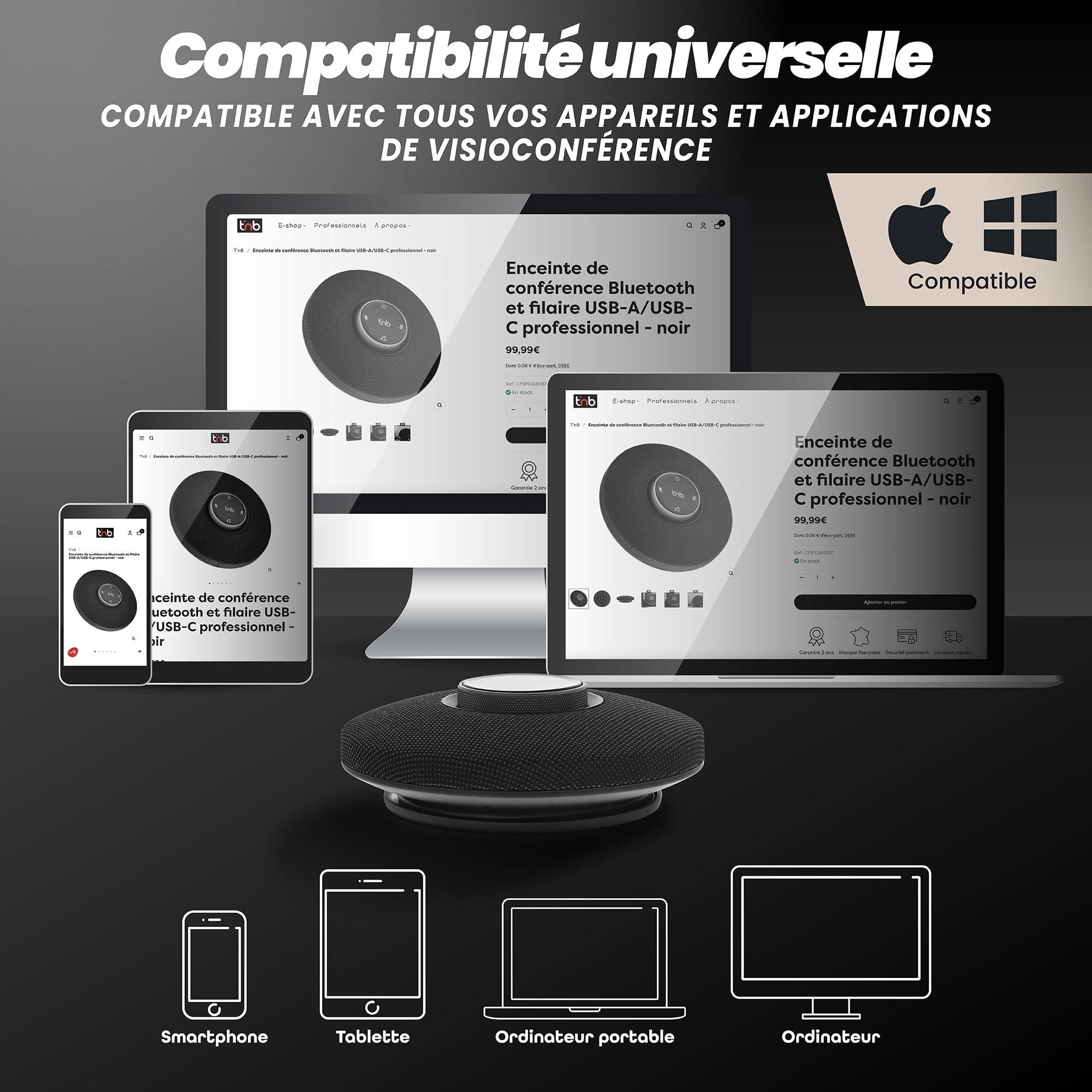 T'nB - Enceinte de Conférence Bluetooth, USB-A/USB-C Professionnelle