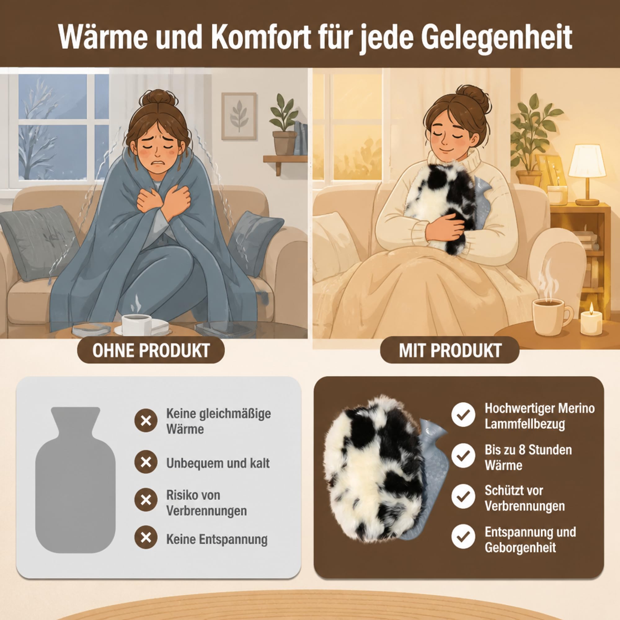 Fashy Merino Lammfell Wärmflasche 2,0 L – Kuschelige Wärme – Echtes Schaffell-Bezug