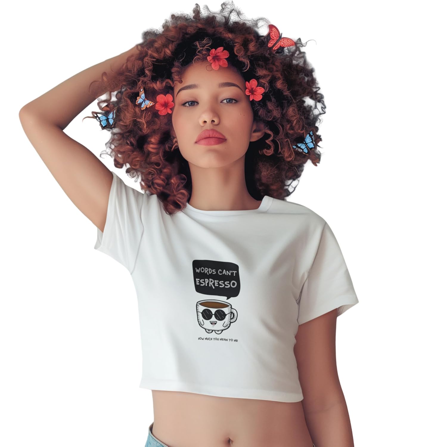 Words Can’t Espresso How Much You Mean to Me Bio-Washed Eco-Friendly Print Women’s Cotton Crop Top Coffee Lover Graphic Tee 180 GSM Made in India