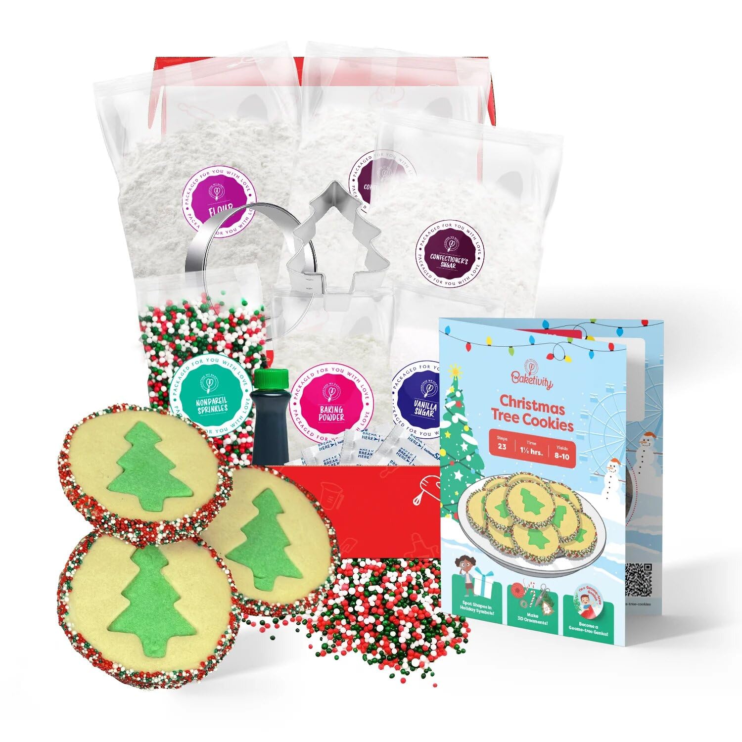Baketivity Christmas Tree Cookies - DIY Baking Kit for Kids - Fun Little Junior Chef Essential Kitchen Lessons, Includes Pre-Measured Ingredients