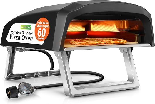 NutriChef Portable Outdoor Pizza Oven   30.48cm Gas Pizza Oven, 360  Rotating Stone, Quick Heating, Premium Stainless Steel Grill, Includes Stone & Regulator w/ Hose, Ready in 60 Sec [Energy Class A+]