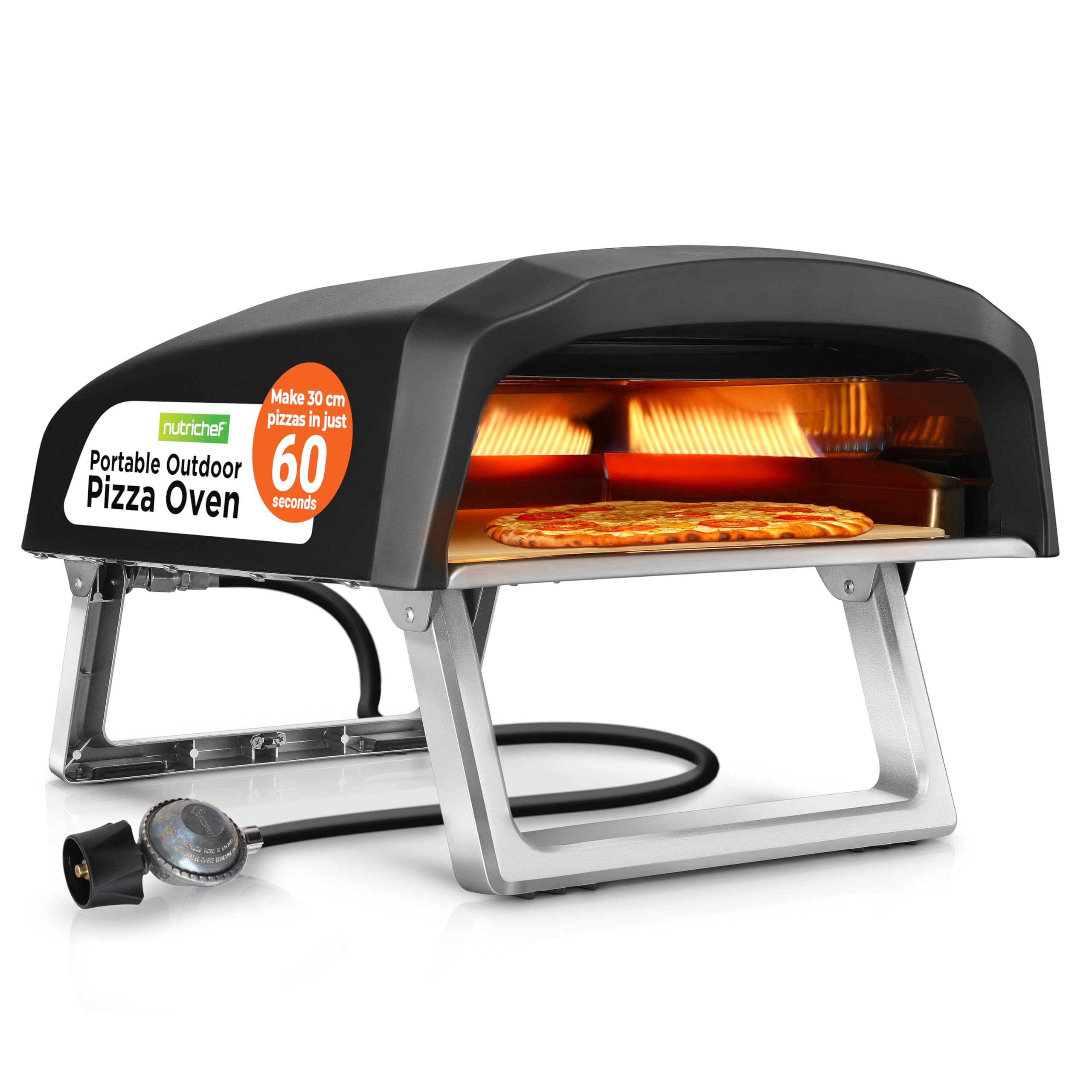 NutriChef Portable Outdoor Pizza Oven – 30.48cm Gas Pizza Oven, 360° Rotating Stone, Quick Heating, Premium Stainless Steel Grill, Includes Stone & Regulator w/ Hose, Ready in 60 Sec — image 1