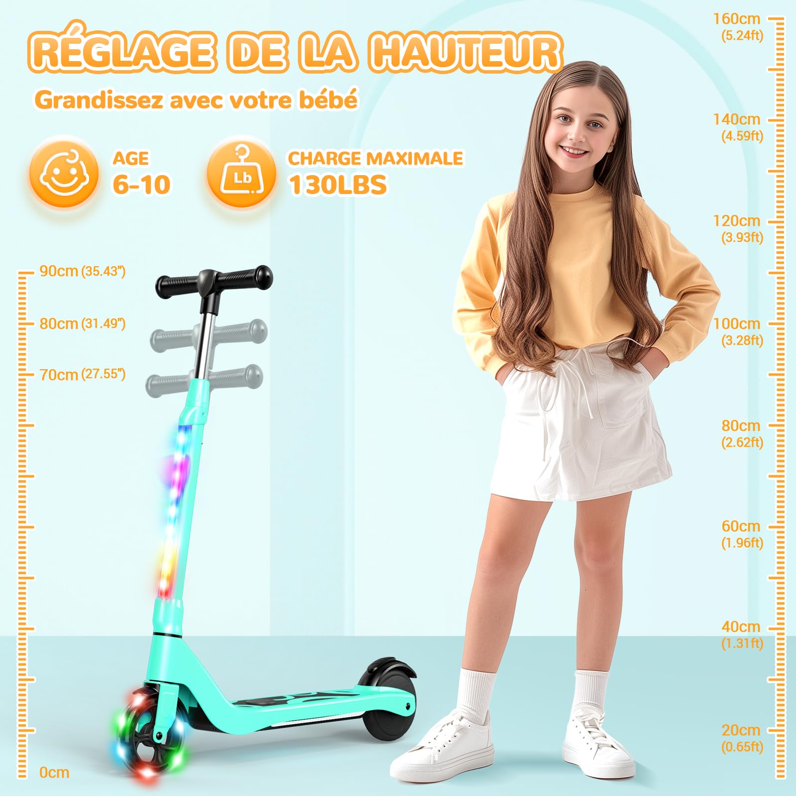 SISIGAD Trottinette Electrique Enfant 6-8-10 Ans Scooter Électrique 5.3 Pouces avec Lumière LED Colorée & 3 Hauteurs Ajustables, Trottinette Enfant Vitesse Max 10 Km/h Charge Max 70Kg Autonomie 4KM