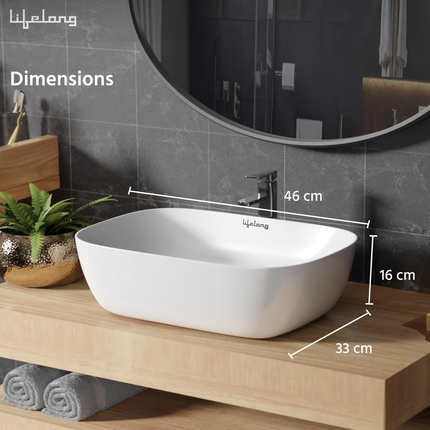 Lifelong Wash Basin for Bathroom - Tabletop Washbasin - Ceramic Glossy Rectangle Countertop Vessel Sink Ideal for Bathroom, Dining Hall & Vanity 33x46x16 cm (White, LLHIPB01) 2