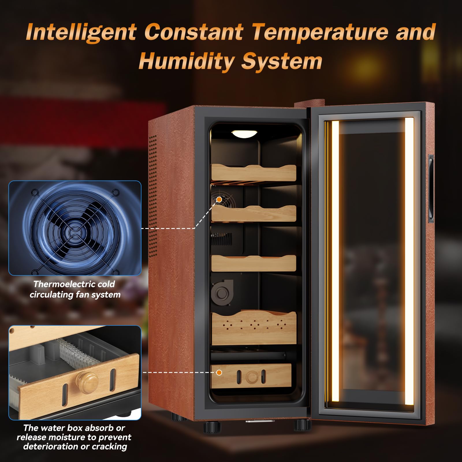 Velivi Electric Humidor With Leather-35l Cooling & Heating Humidor, Smart Touch Control Humidity & Temp, Humidors Wtih Spanish Cedar Wood Tray, Digital Display, Safety Lock, Desktop Gift For Men on Fridge.com - View 5