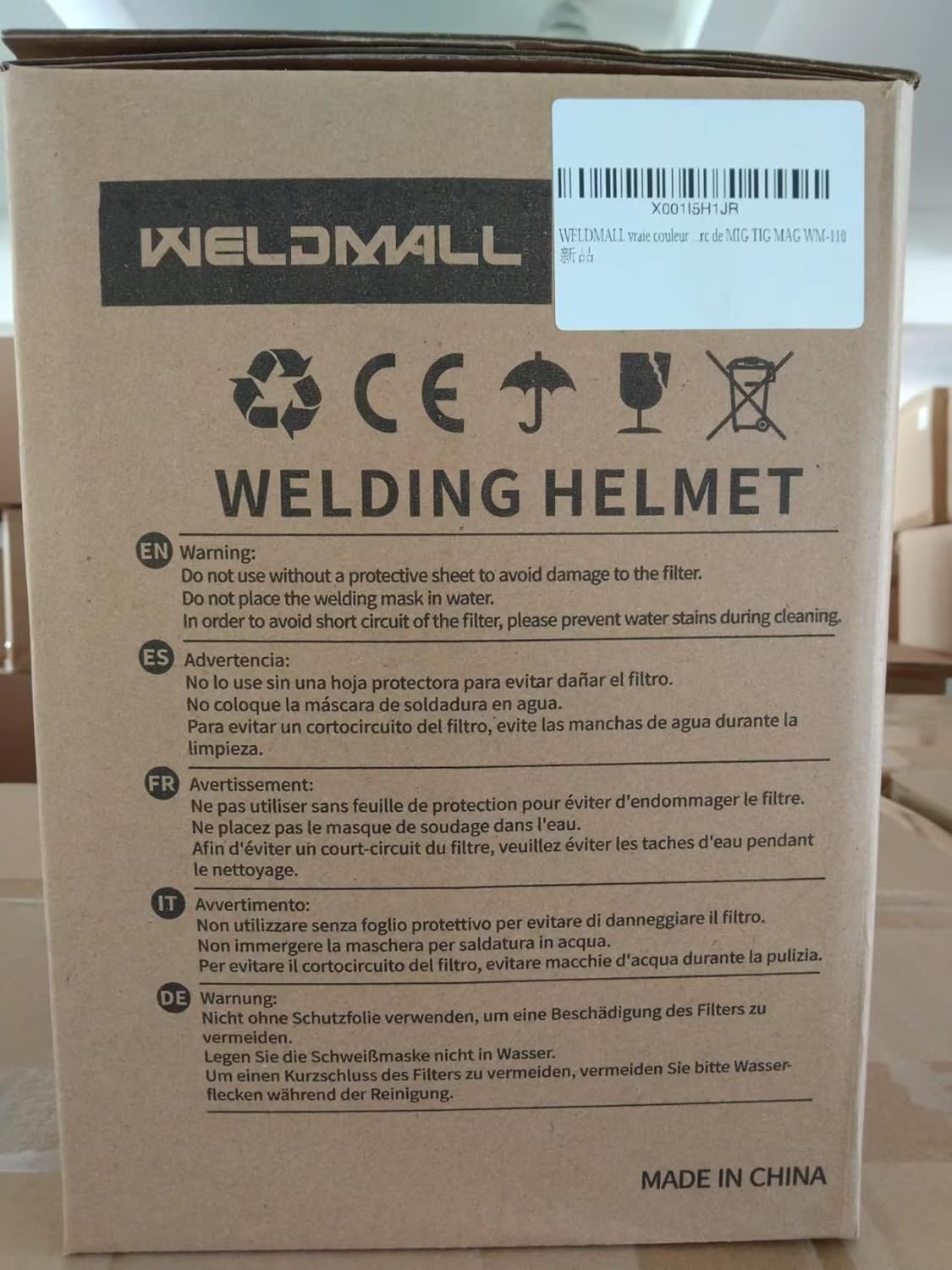 Packaging for the WELDMALL WM-110 Auto-Darkening Hood