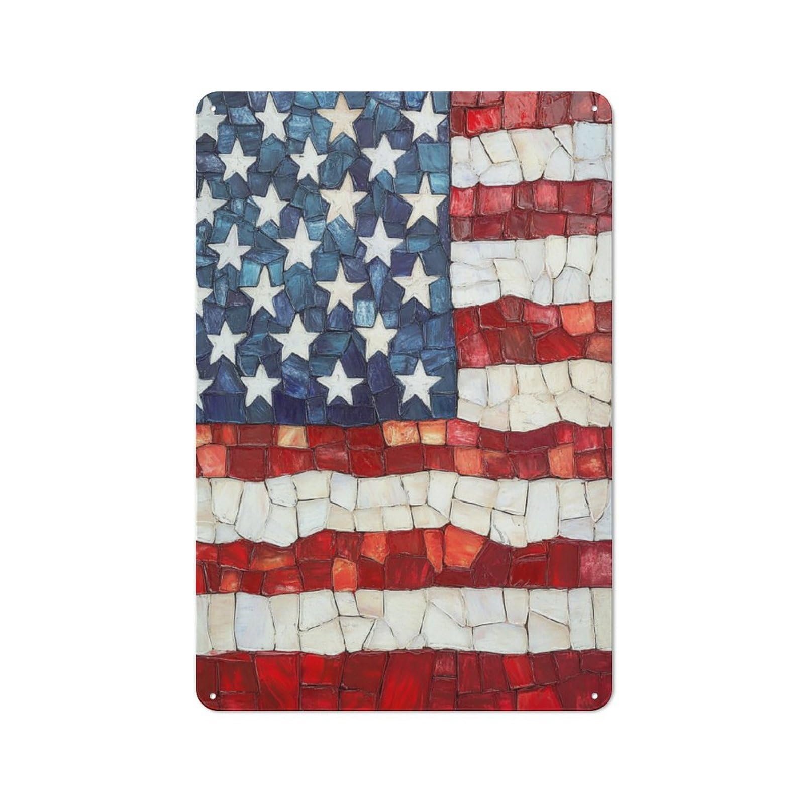 Jubonexis USA Flag Mosaic Style Tin Metal Signs Wall Art Decorations for Bar Pub Club Cafe Room Farmhouse Color 30x20cm