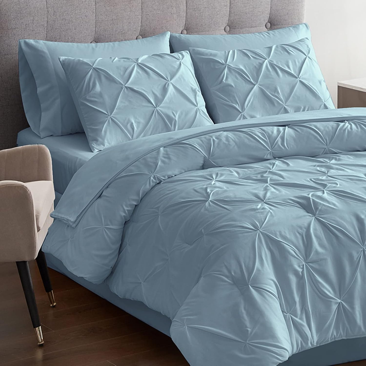 Maple&Stone Twin Comforter Set Light Blue Pinch Pleat 5 Pieces Bed in A