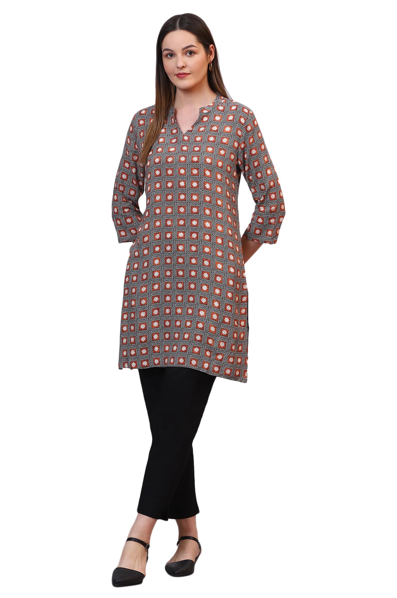 Aurelia Women's Rust Bold Printed Rayon Short Fusion Kurti in rust